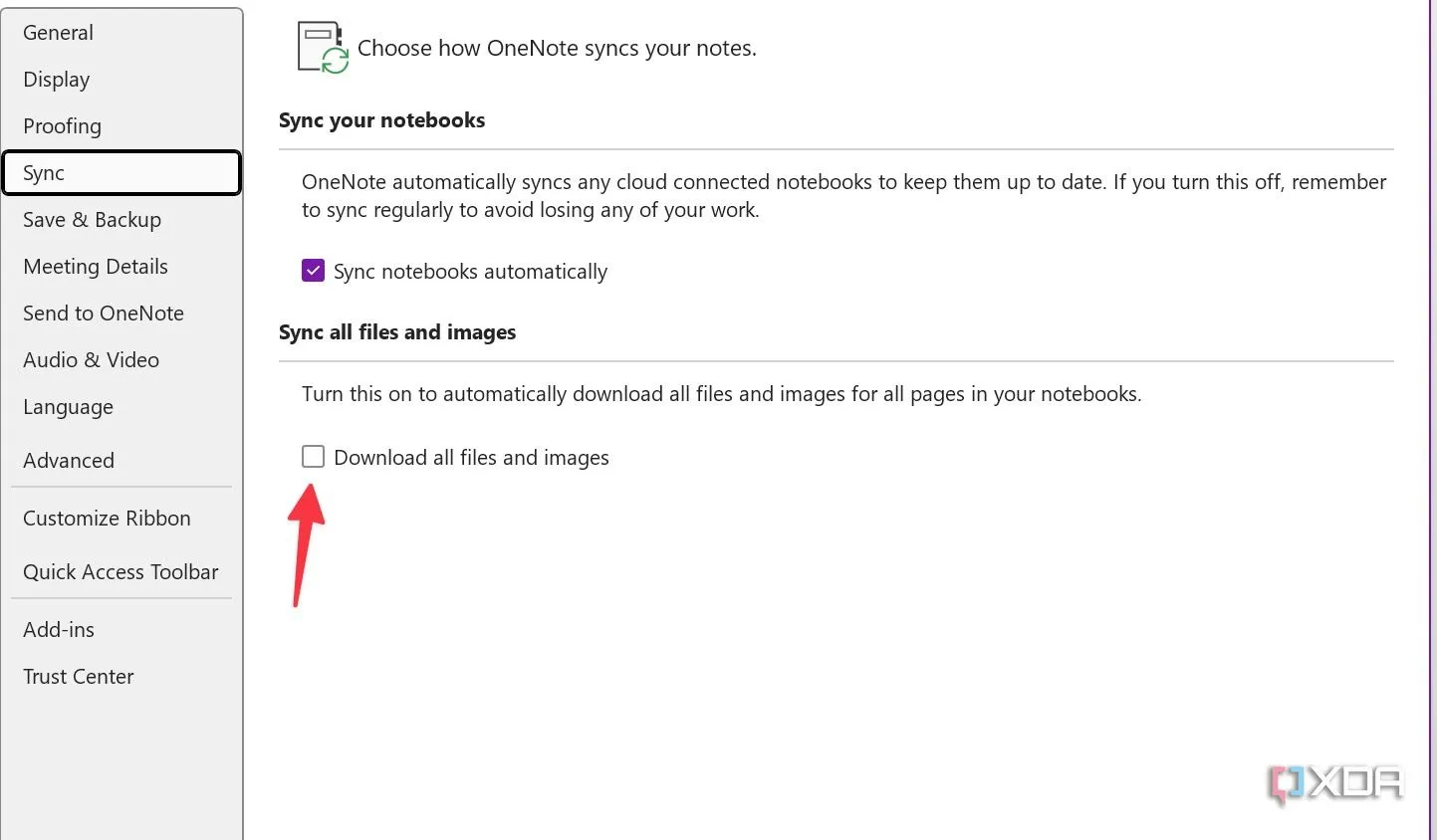 Kích hoạt &quot;Tải xuống tất cả tệp và hình ảnh&quot; trong cài đặt Đồng bộ hóa của OneNote.