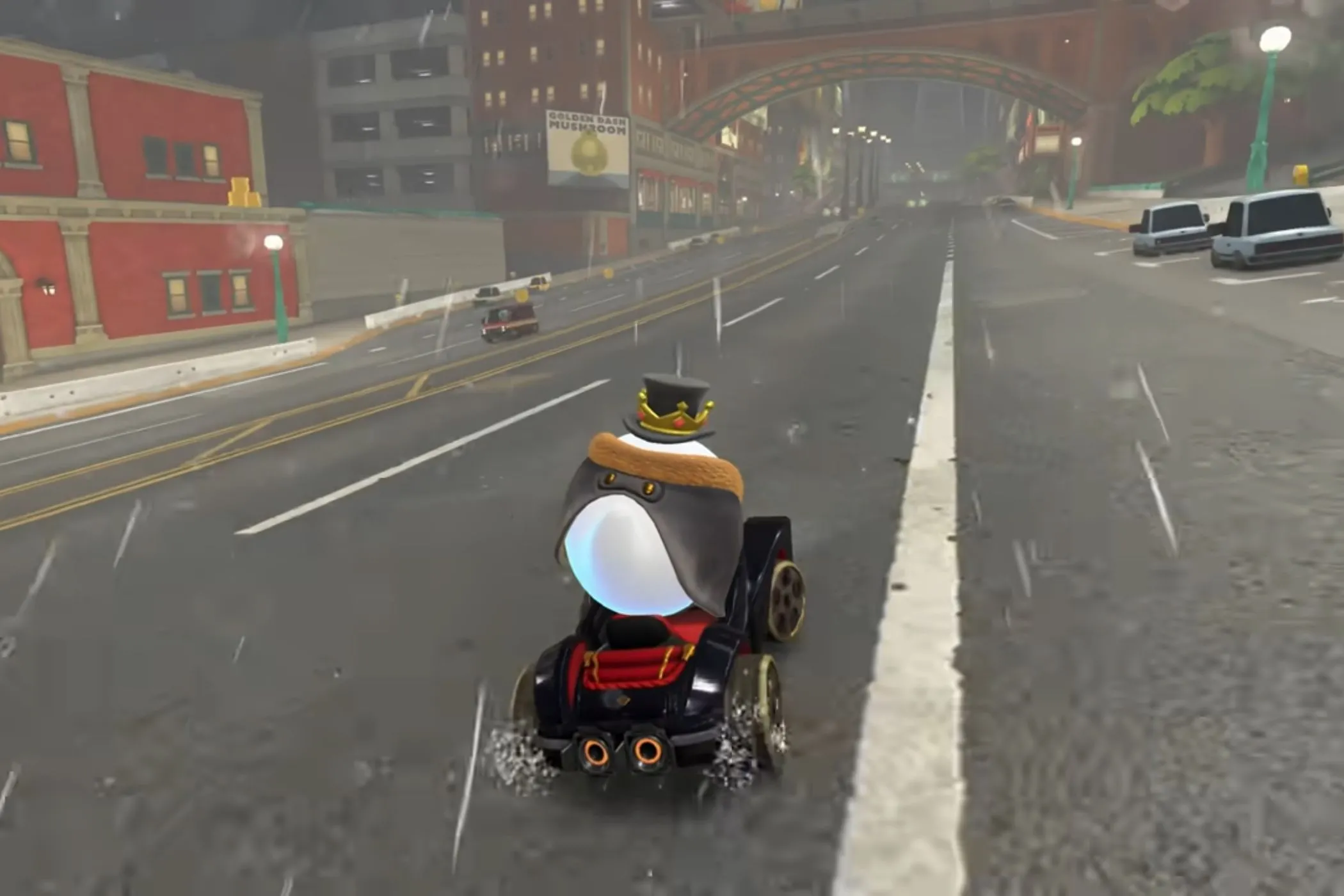 King Boo lái xe qua Crown City trong Mario Kart World dưới trời mưa bão