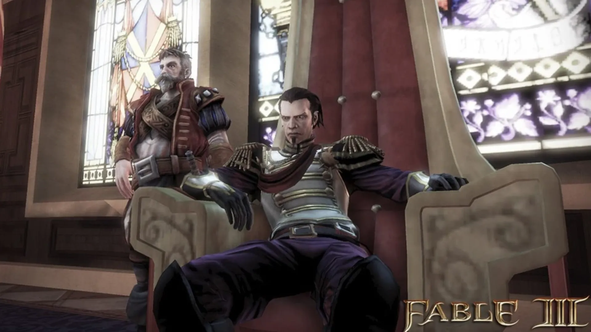 King Logan đang ngồi trên ngai vàng của Albion trong Fable III, thể hiện sự cai trị độc đoán vì mục tiêu bảo vệ vương quốc