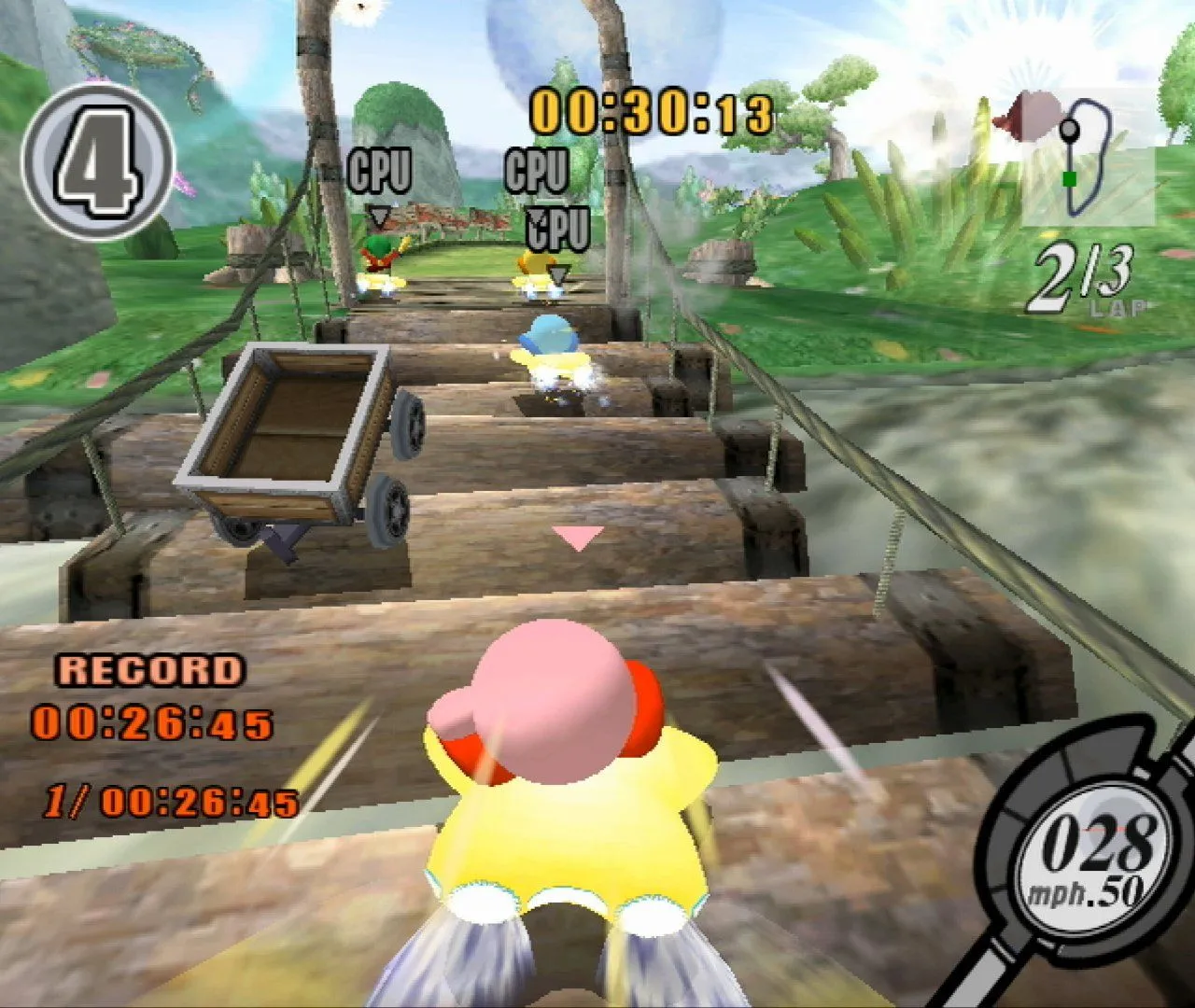 Kirby lái phương tiện bay qua cầu gỗ trong gameplay của Kirby Air Ride, game đua xe trên GameCube
