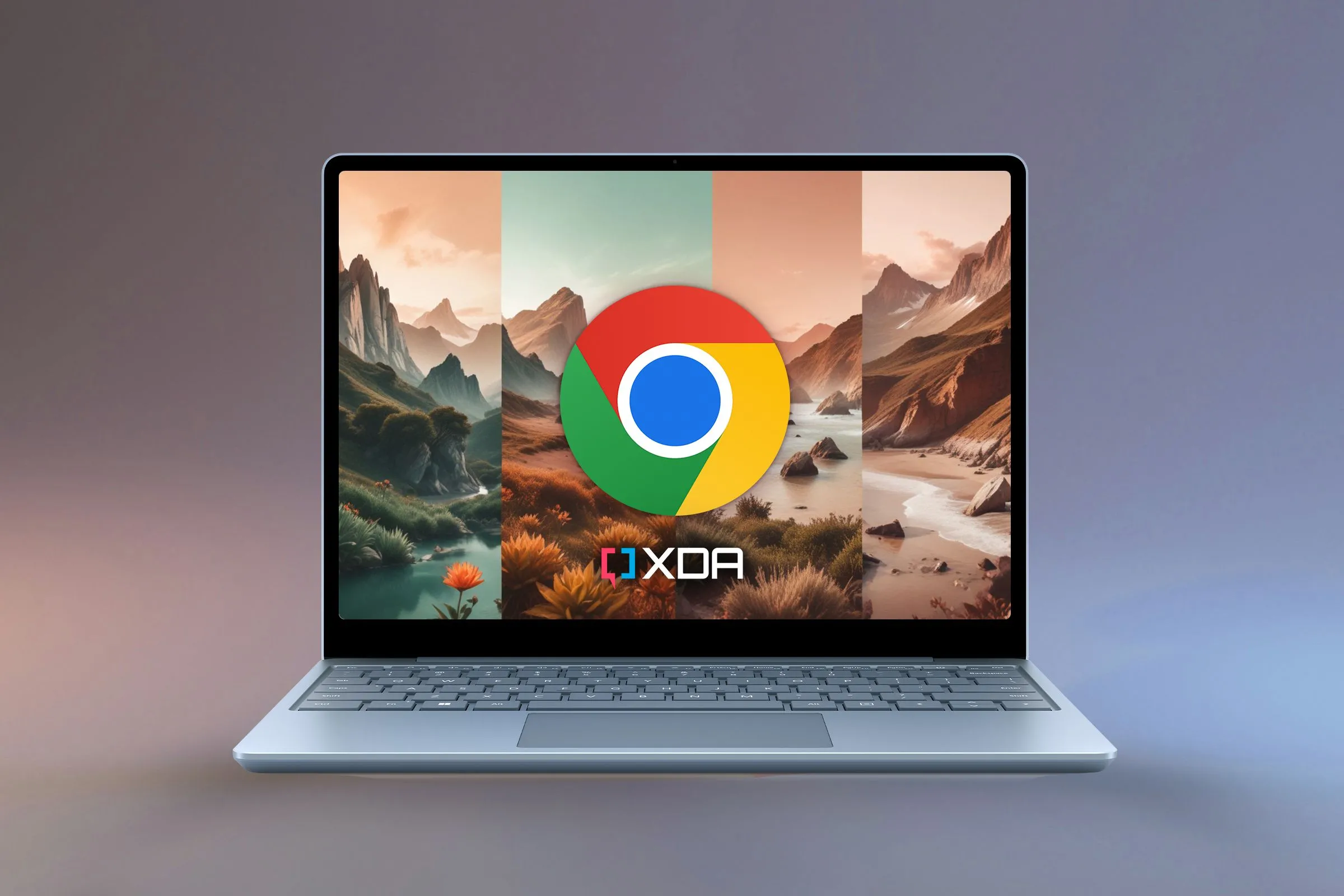 Laptop hiển thị chủ đề AI của Chrome, biểu tượng Google Chrome và logo XDA