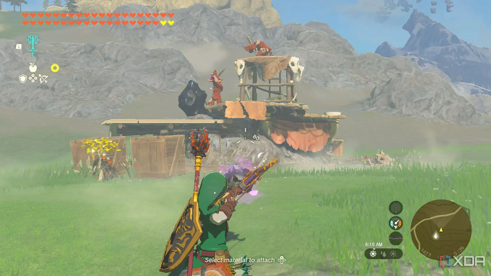 Link sử dụng cung tên gắn Muddle Bud để tấn công Battle Talus trong The Legend of Zelda: Tears of the Kingdom