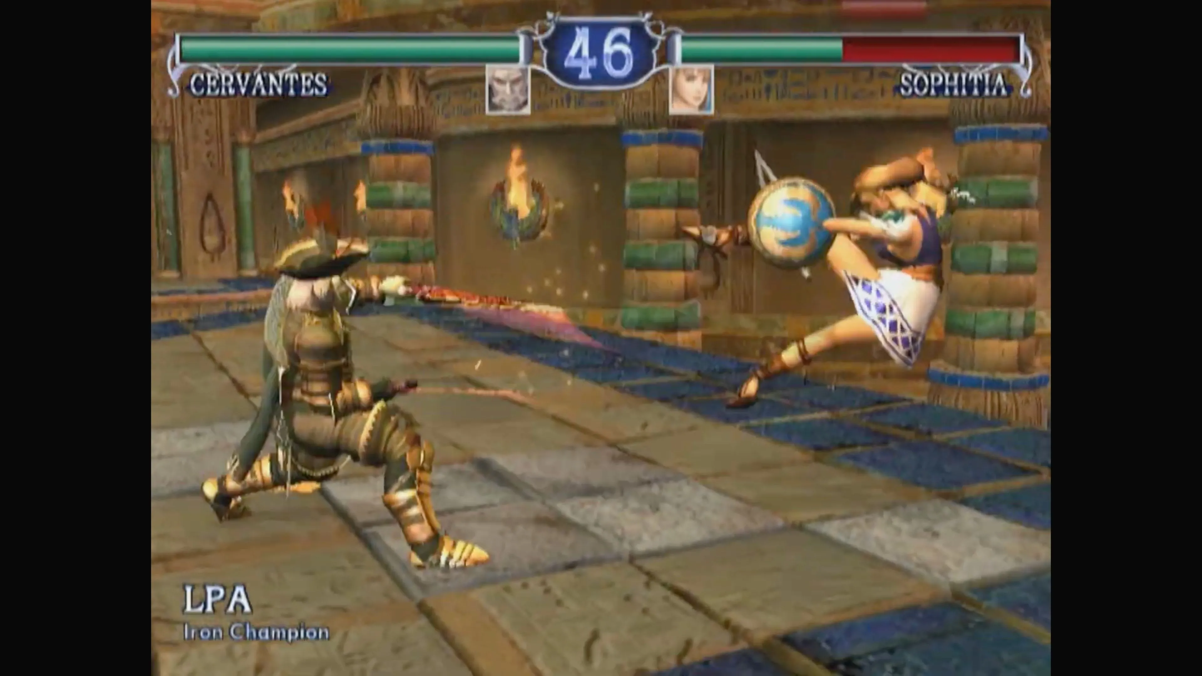 Link sử dụng thanh kiếm và khiên của mình trong một trận đấu đỉnh cao của SoulCalibur II.