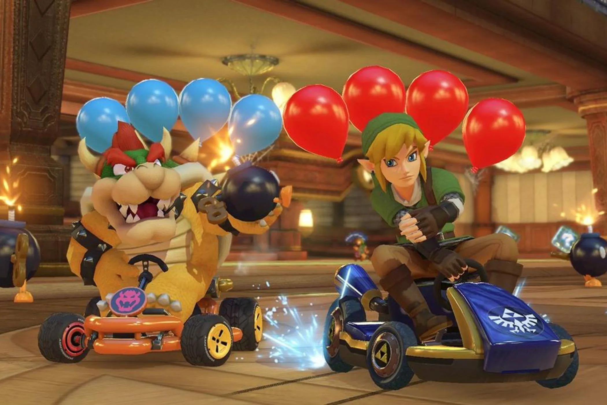 Link và Bowser đang đua trong game Mario Kart 8 Deluxe