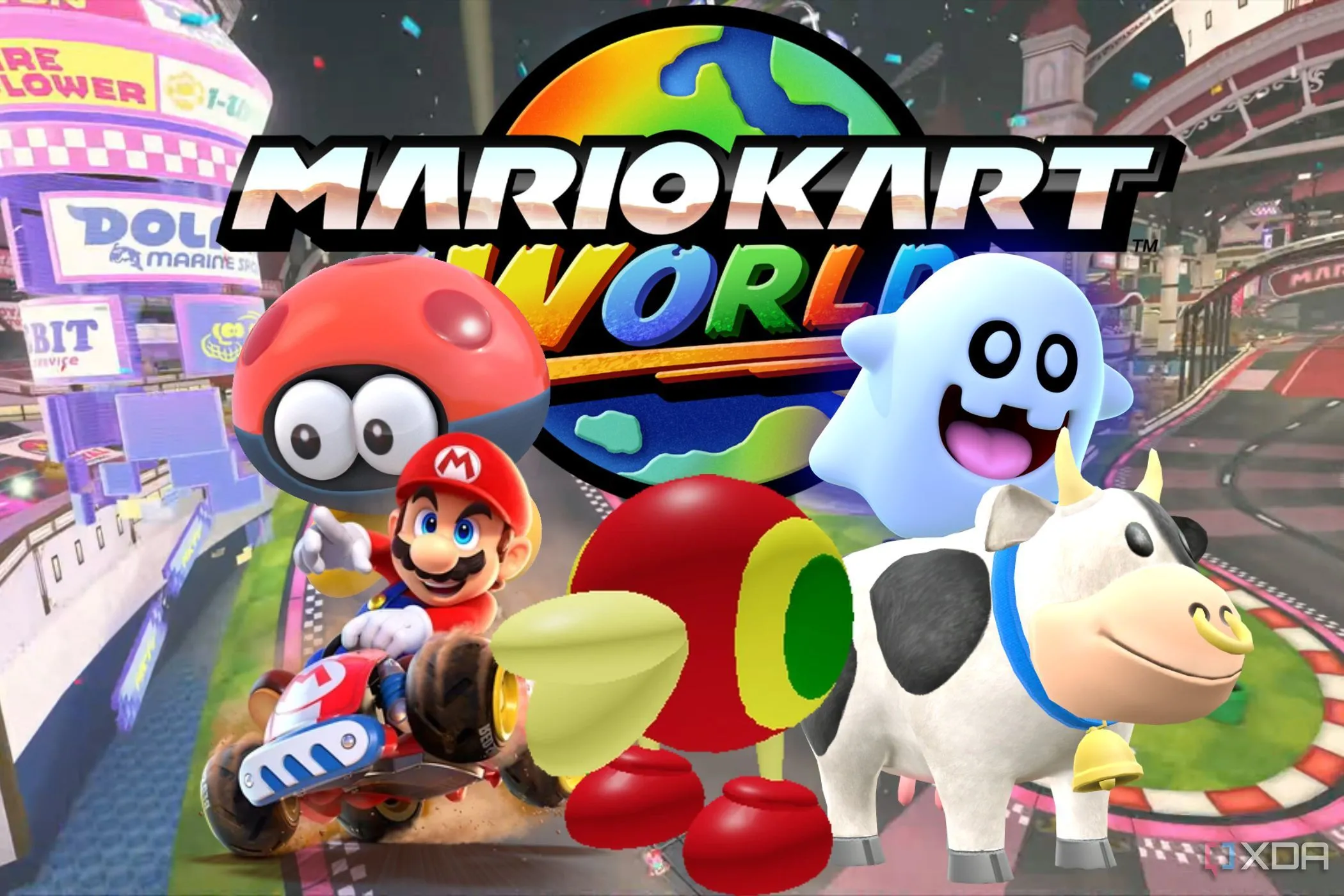 Logo game Mario Kart World với các nhân vật đặc trưng, thể hiện sự đa dạng