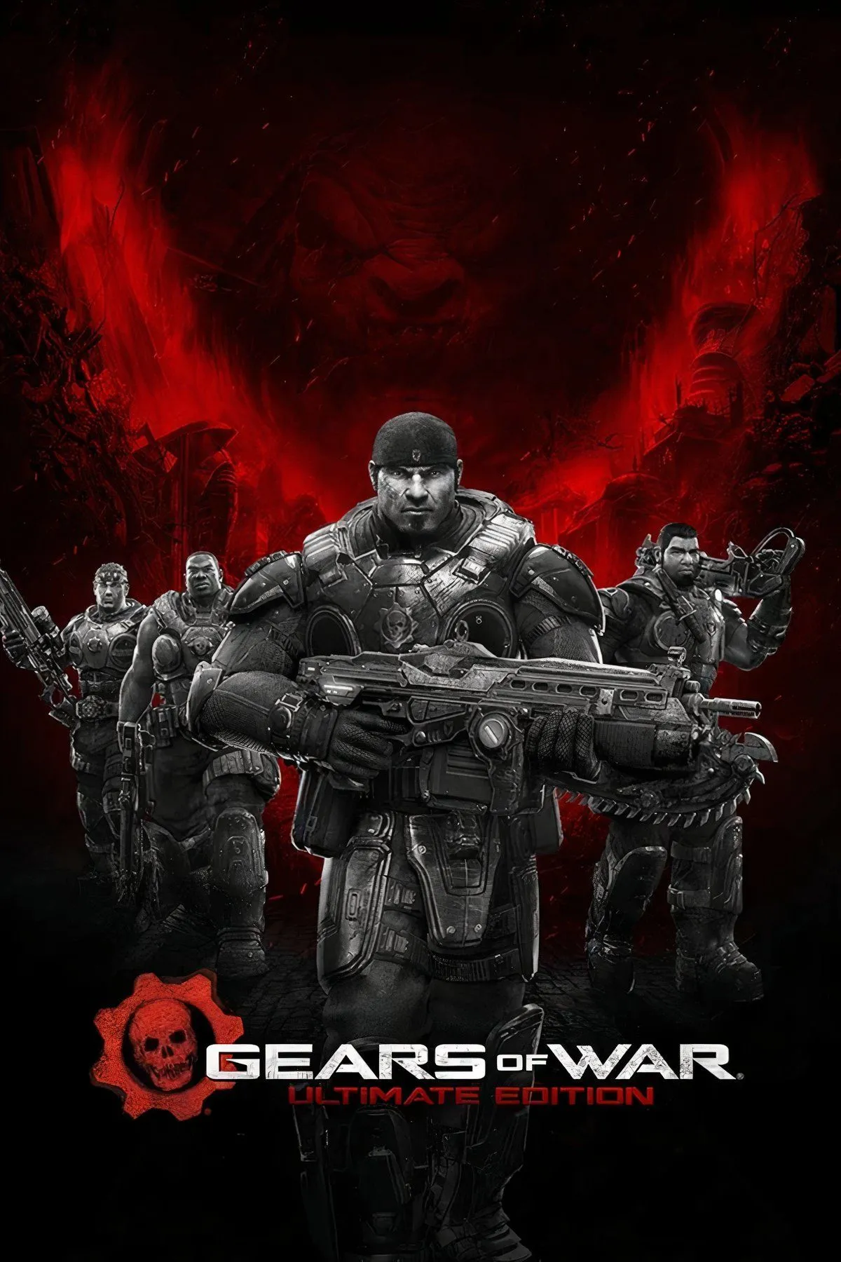 Logo Gears of War Ultimate Edition hiển thị trên nền hình ảnh một chiến binh COG với giáp sắt mạnh mẽ.