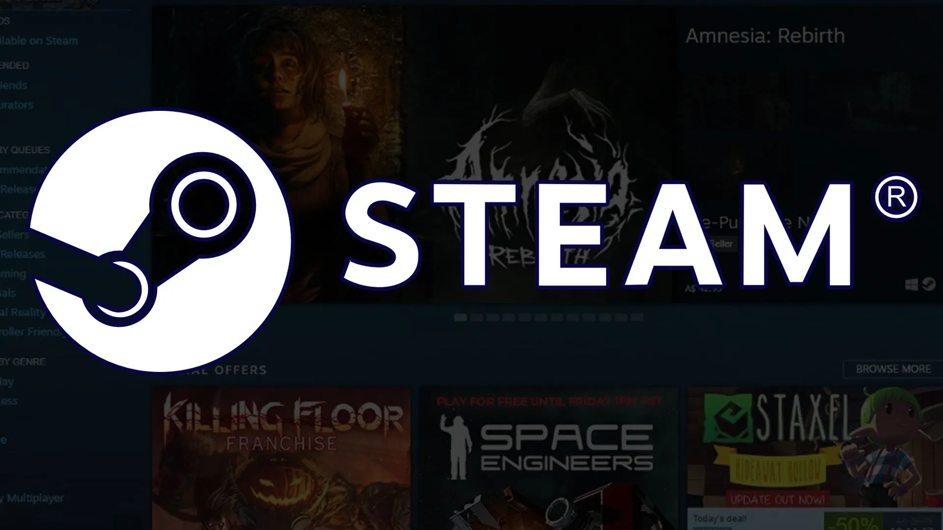 Logo Steam nổi bật trên nền giao diện trang chủ, biểu tượng cho những cải tiến mới nhất về Steam Play và Proton trên Linux.