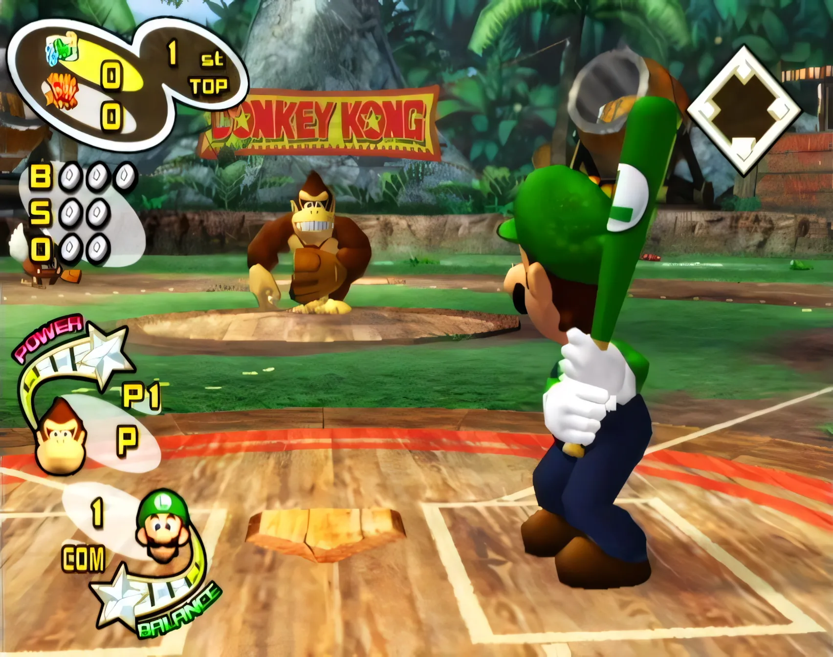 Luigi thi đấu bóng chày với phong cách đặc trưng trong Mario Superstar Baseball trên Nintendo GameCube.