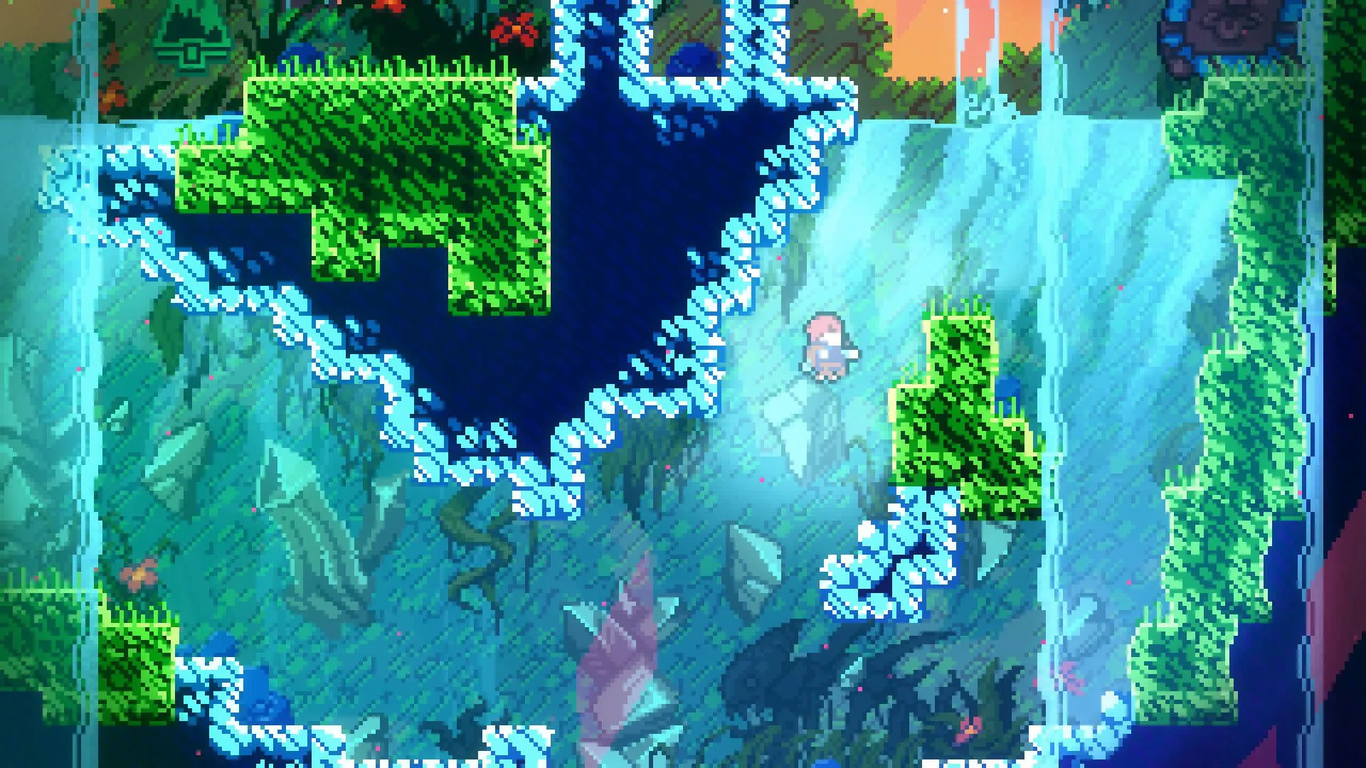Madeline nhảy về phía bệ xanh trong hang động ngầm của game Celeste