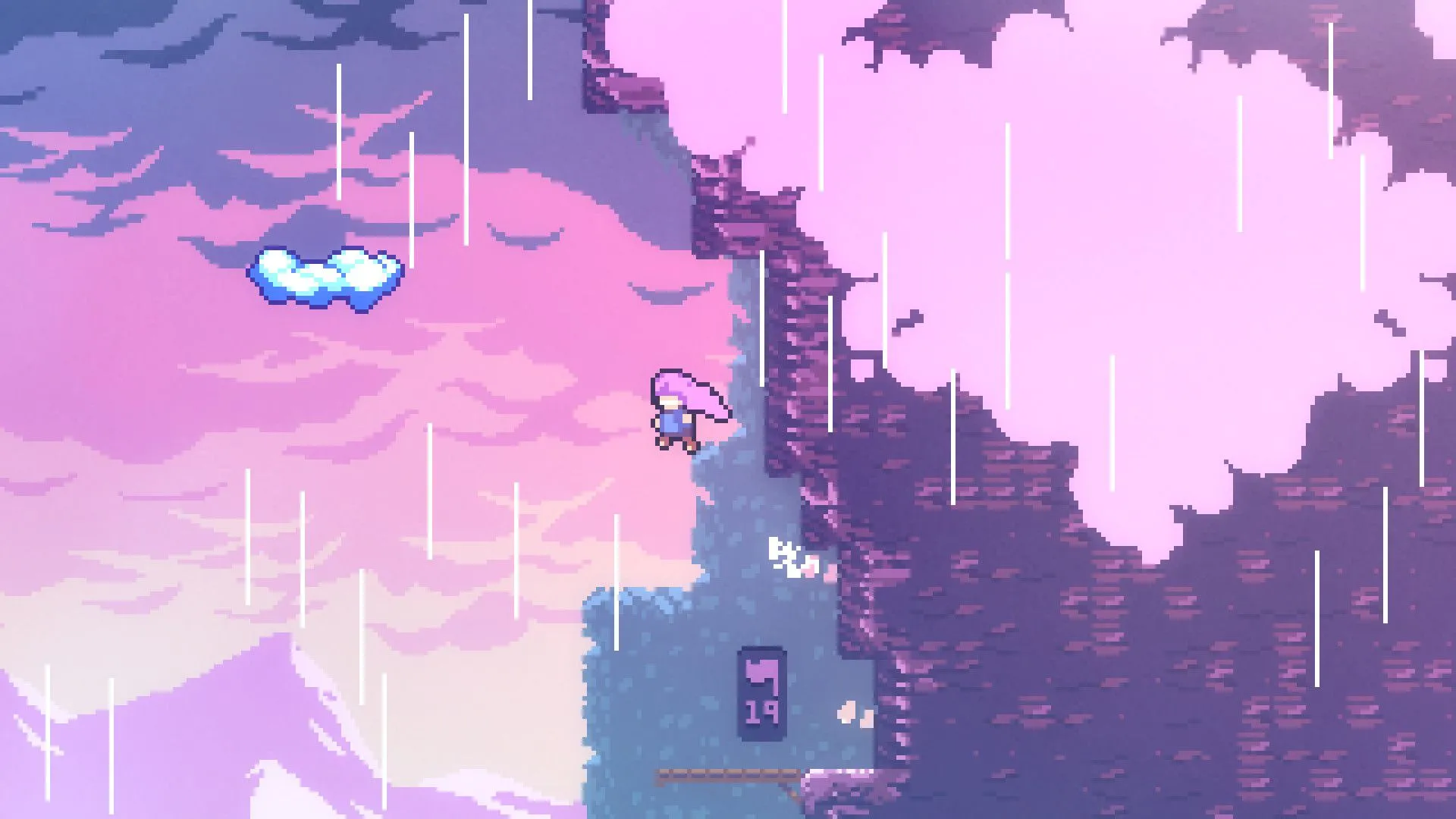 Madeline nhảy về phía đám mây trên sườn núi trong game platformer Celeste