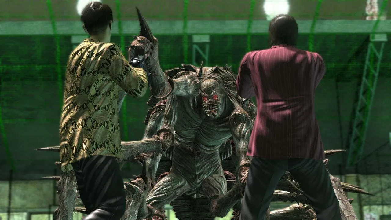 Majima Goro bắn zombie trong gameplay của Yakuza: Dead Souls