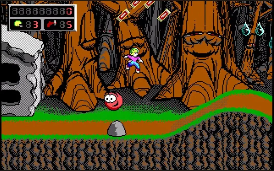 Màn chơi đầu tiên của Commander Keen 4 với nhân vật chính trên phông nền khoa học viễn tưởng
