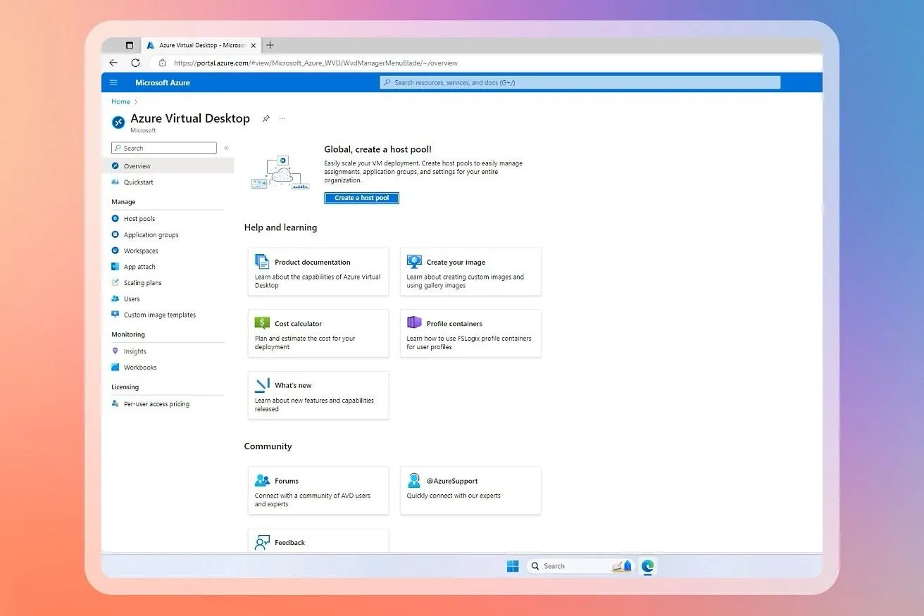 Màn hình Azure Virtual Desktop minh họa sức mạnh của nền tảng Azure cho lưu trữ và điện toán đám mây