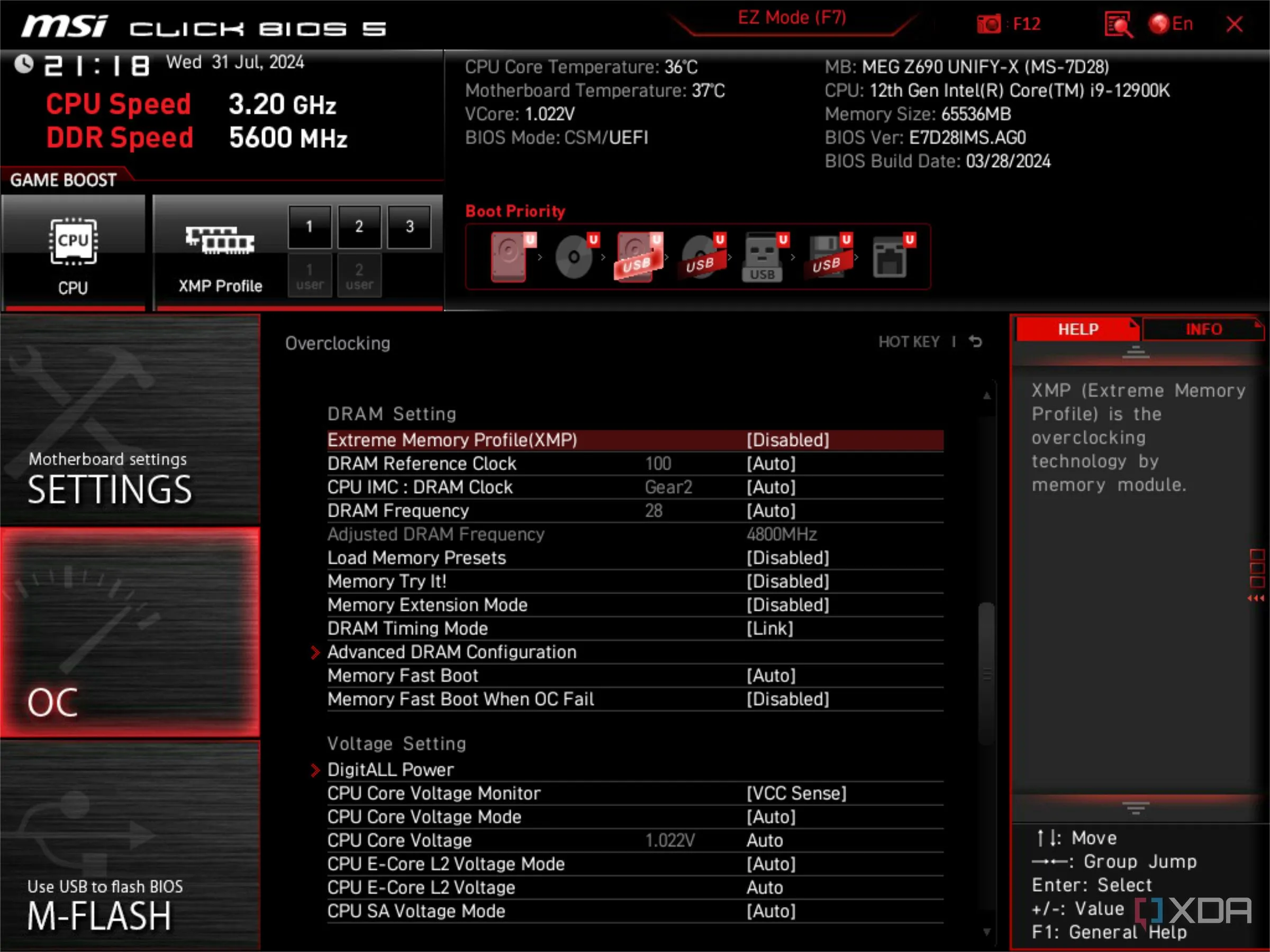 Màn hình BIOS UEFI của MSI hiển thị trạng thái XMP đang tắt, cần được bật để tối ưu hiệu suất RAM.