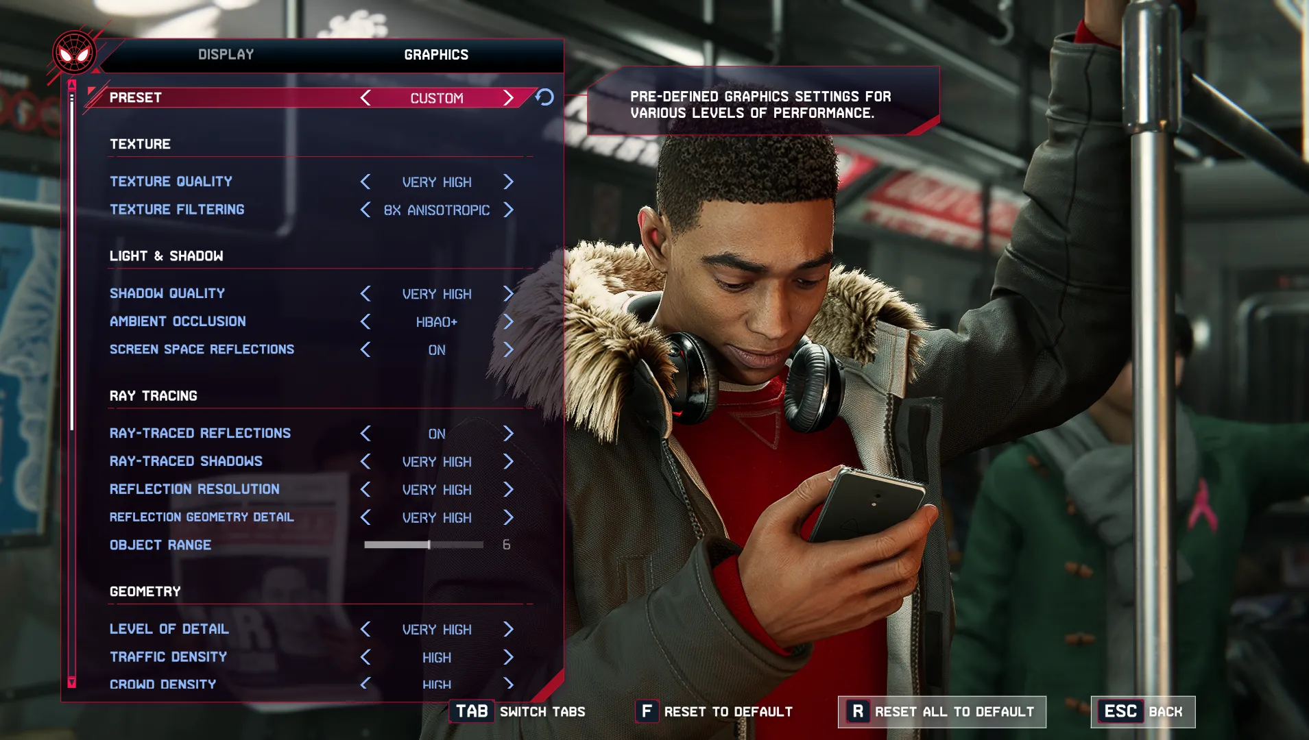 Màn hình cài đặt đồ họa trong game Spider-Man Miles Morales, minh họa các tùy chọn tối ưu FPS.