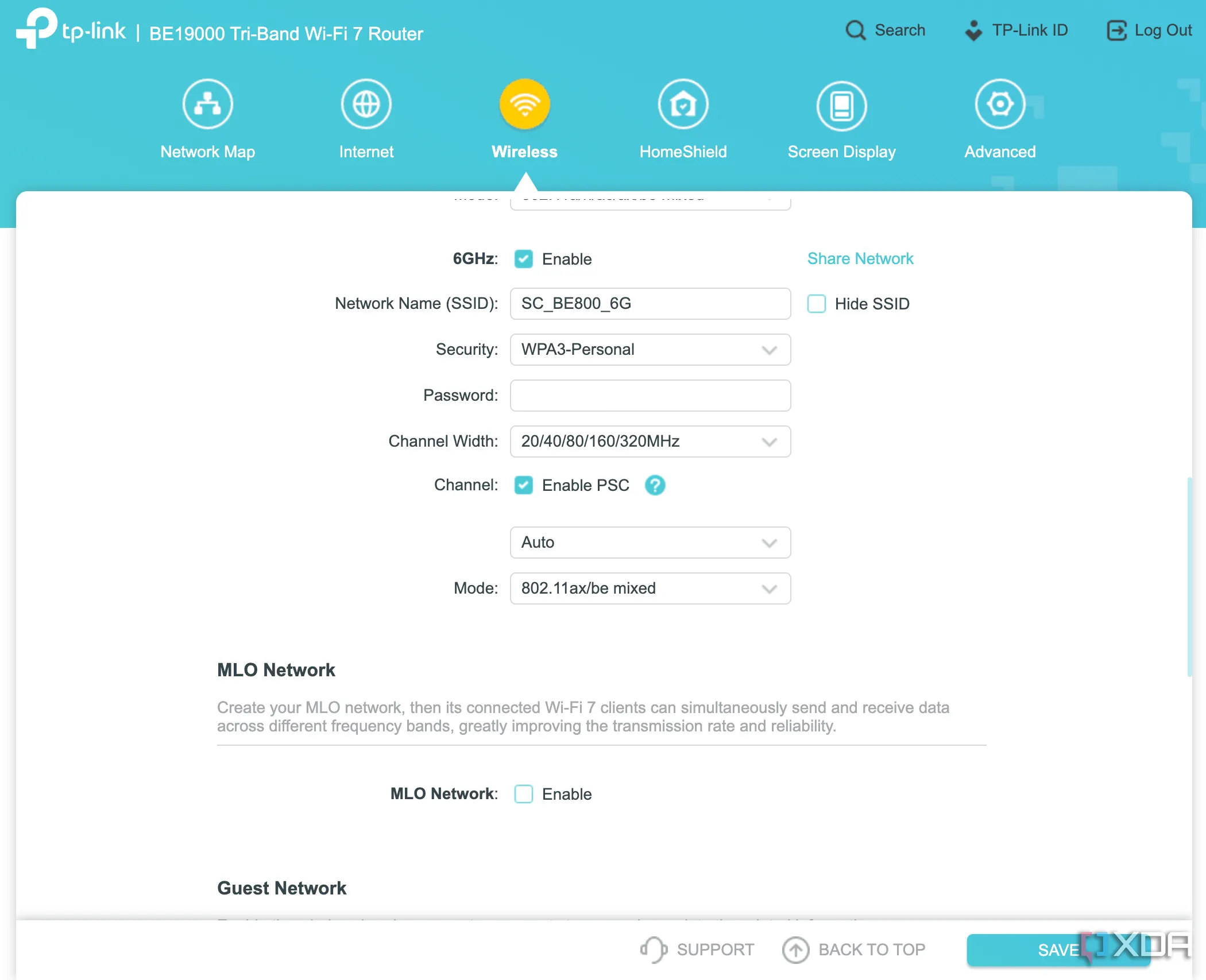 Màn hình cài đặt Wi-Fi trên trình duyệt của router TP-Link Archer BE800 Wi-Fi 7, cho thấy tùy chọn mã hóa WPA3.