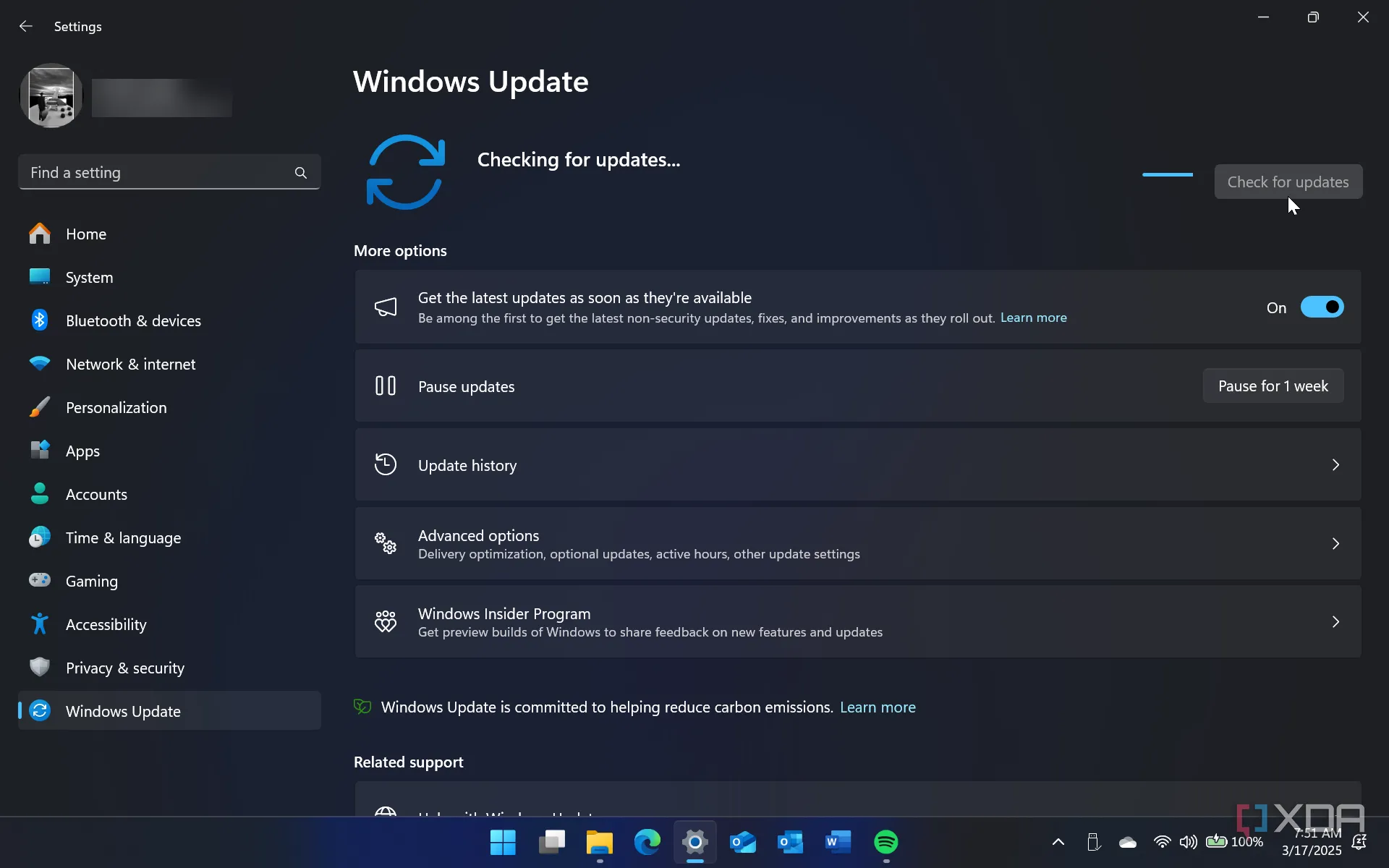 Màn hình Cài đặt Windows 11 hiển thị tùy chọn Windows Update