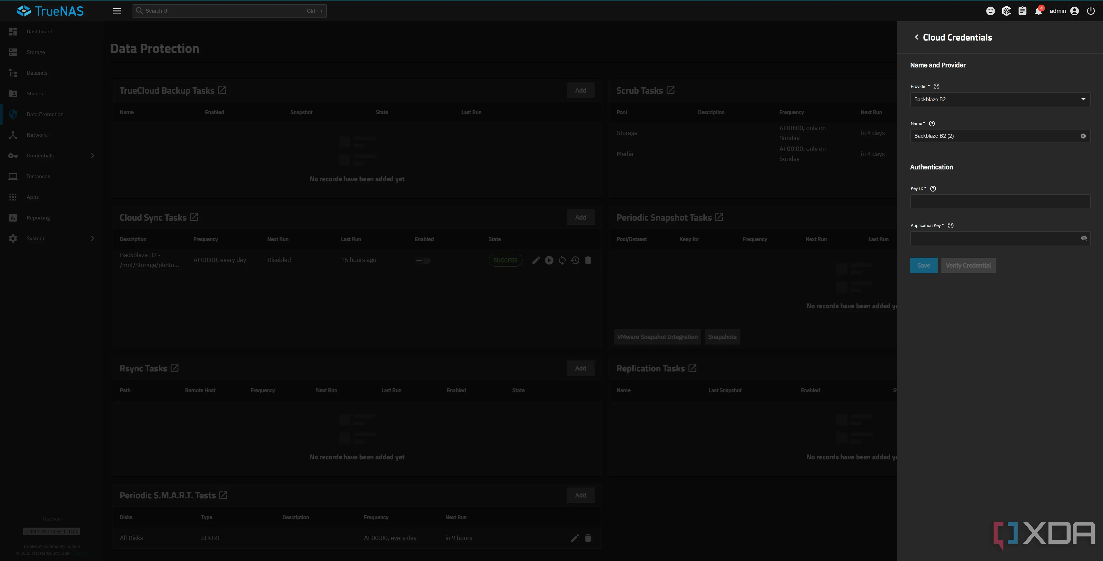 Màn hình cấu hình tác vụ Cloud Sync trong TrueNAS, nhập thông tin đăng nhập và khóa ứng dụng Backblaze B2.