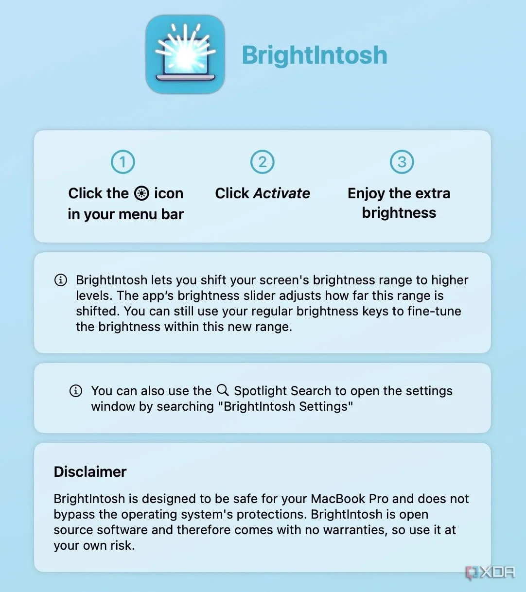 Màn hình chào mừng của ứng dụng Brightintosh