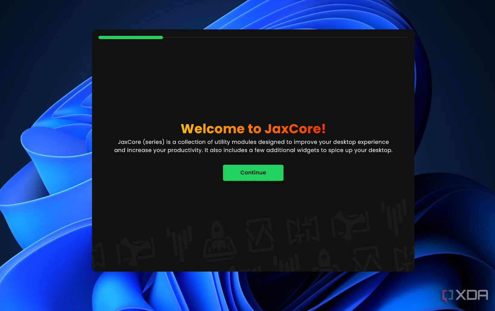 Màn hình chào mừng và giao diện cài đặt của ứng dụng tùy biến JaxCore trên Windows