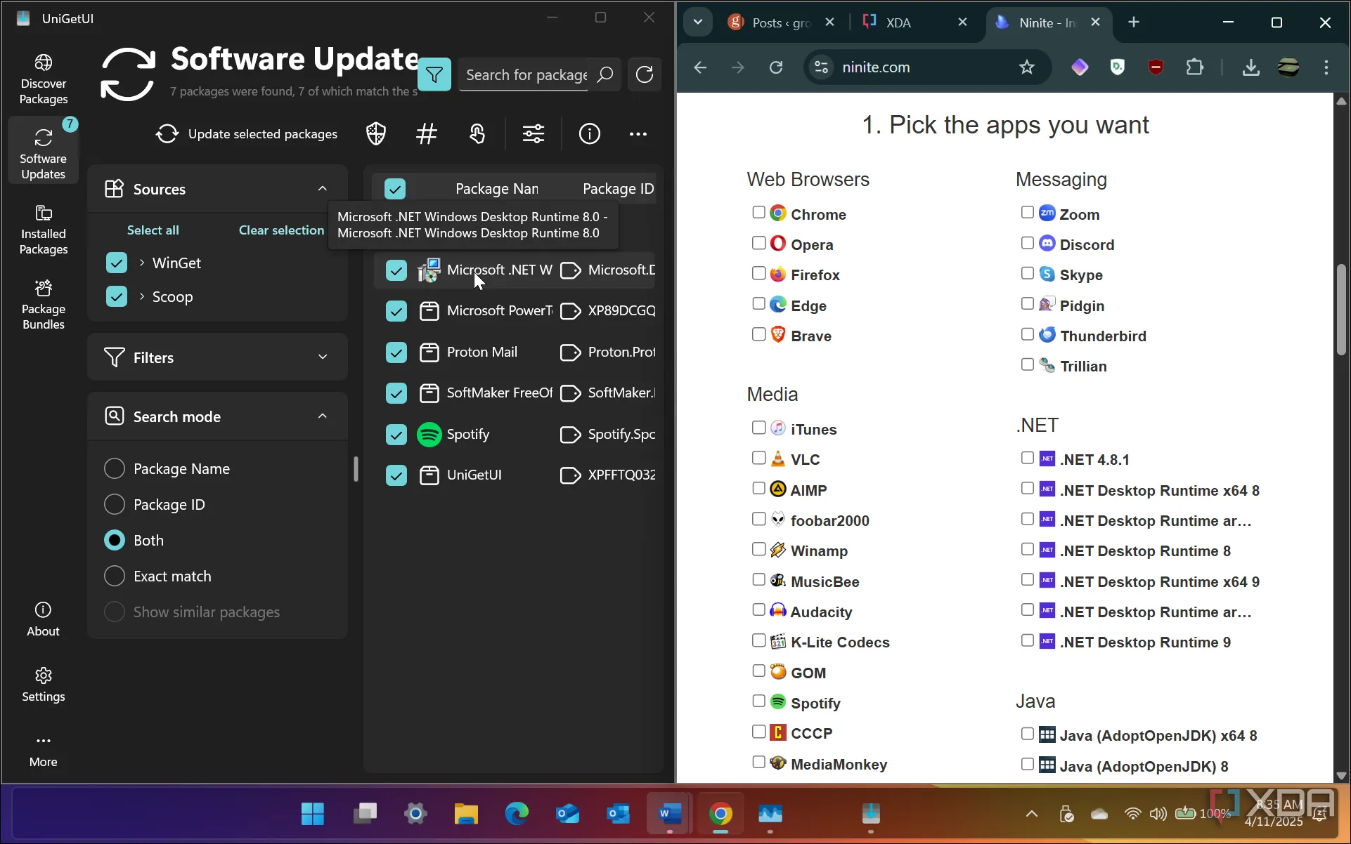 Màn hình chia đôi hiển thị giao diện của UniGetUI và Ninite trên Windows 11