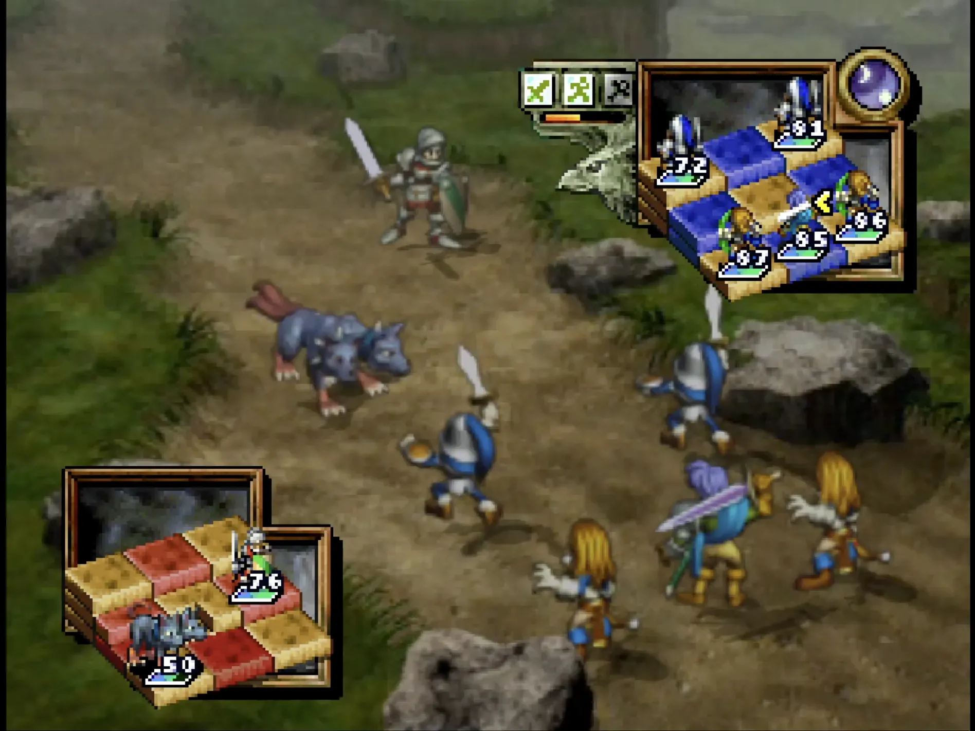 Màn hình chiến đấu trong game RPG chiến thuật Ogre Battle 64, hiển thị các đơn vị quân lính sẵn sàng giao chiến trong môi trường 2D