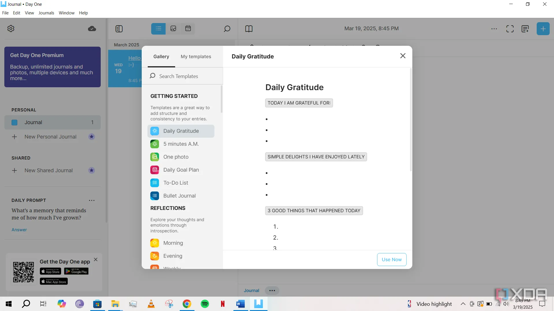 Màn hình chính của ứng dụng Day One hiển thị các tính năng tổ chức và tìm kiếm trên Windows