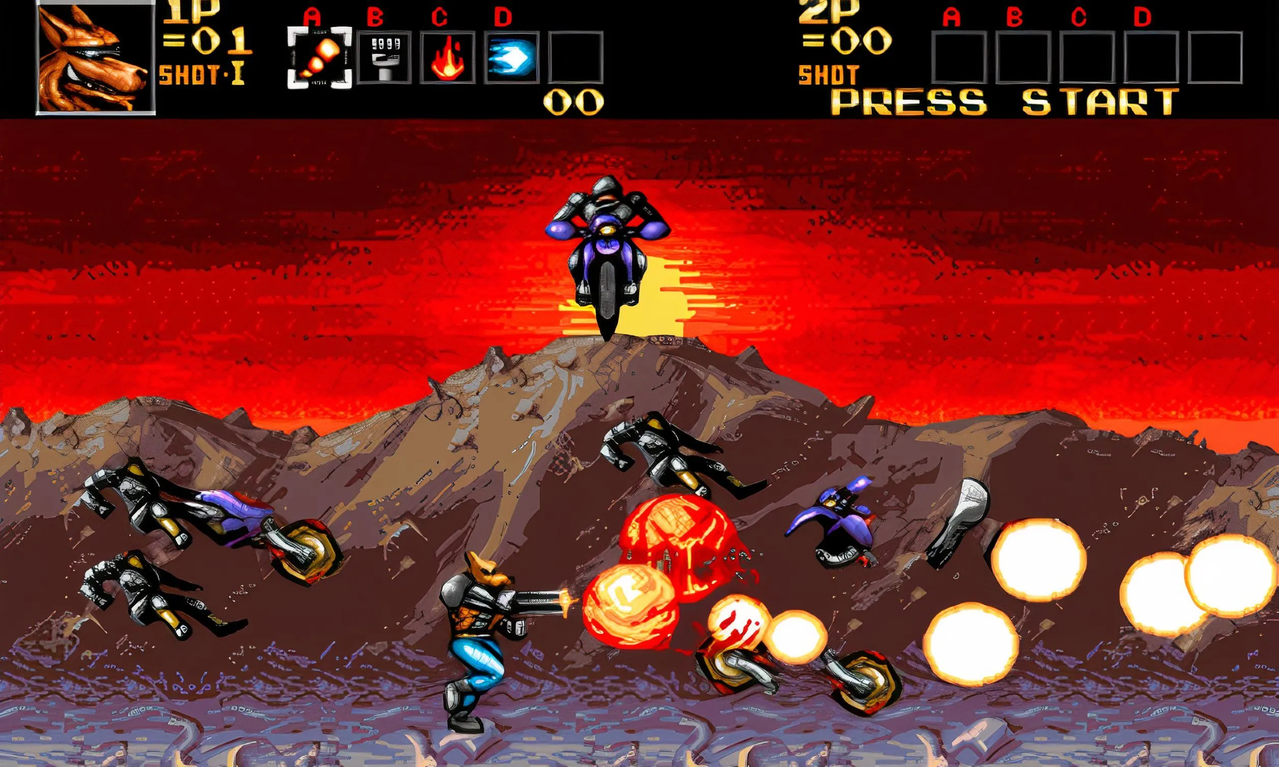 Màn hình chơi Contra: Hard Corps trên Sega Genesis, với nhân vật chính đang bắn vào kẻ thù trong một cảnh hành động dữ dội