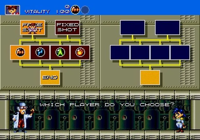 Màn hình chơi game Gunstar Heroes với hai nhân vật chính đang bắn vào kẻ thù trong một môi trường khoa học viễn tưởng đầy màu sắc