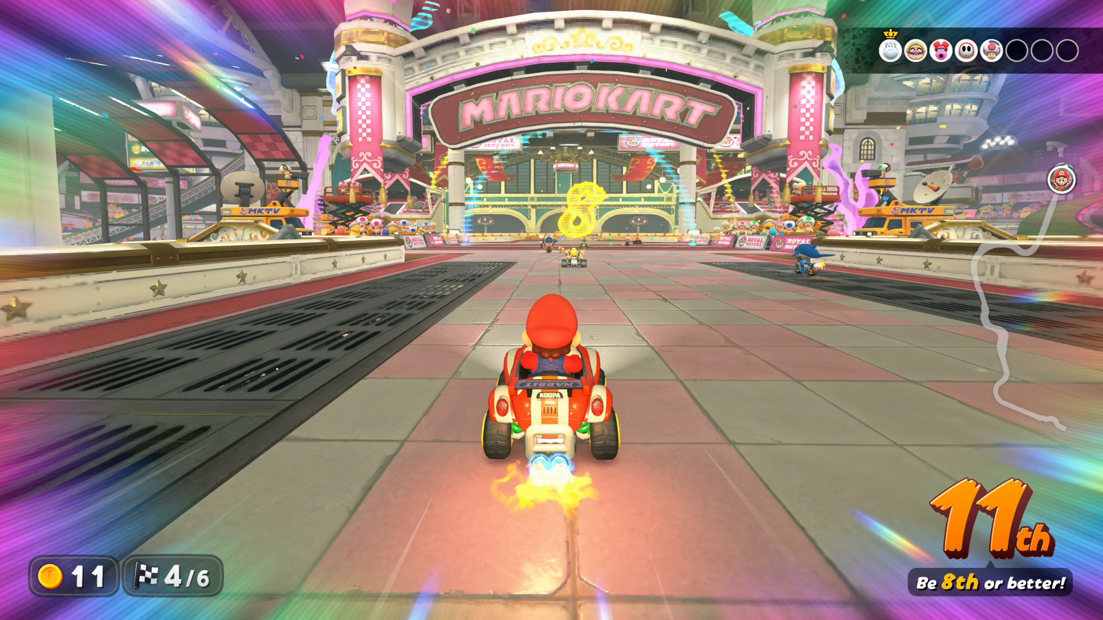 Màn hình chơi game Mario Kart World trên console Nintendo Switch 2, thể hiện đồ họa và đường đua