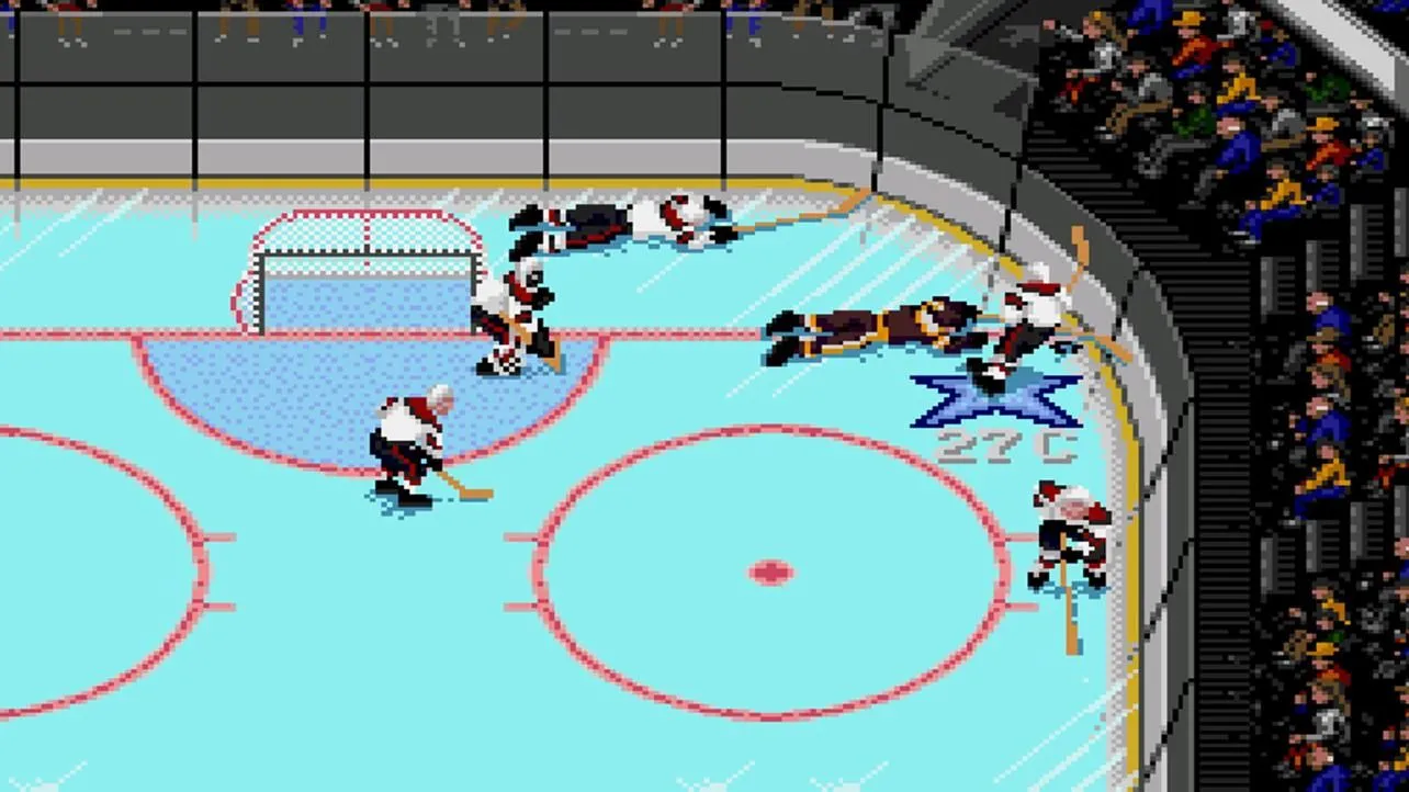 Màn hình chơi game NHL 94 với các cầu thủ khúc côn cầu đang tranh bóng trên sân băng, một số cầu thủ bị ngã