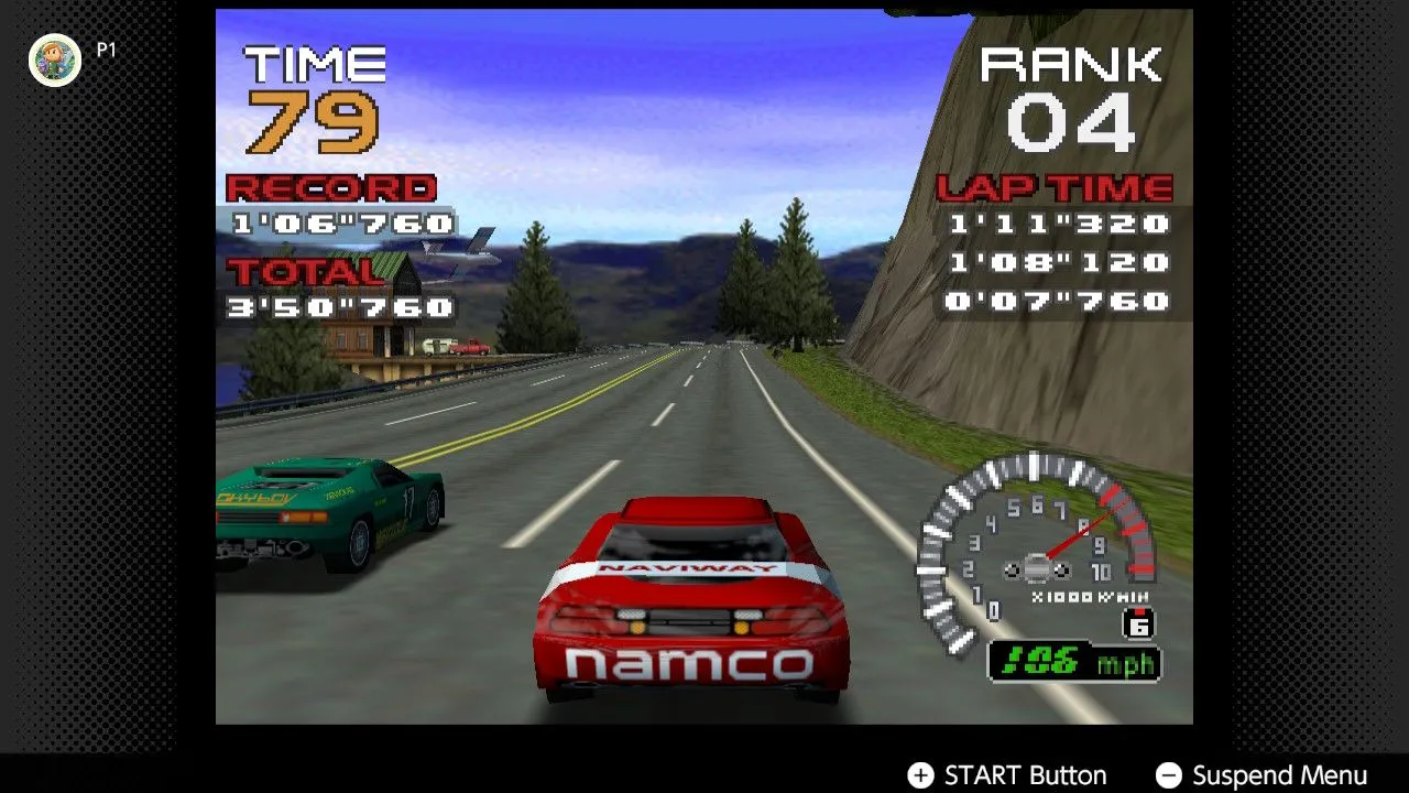 Màn hình chơi game Ridge Racer 64 trên Nintendo Switch, hiển thị chiếc xe đua thể thao trên đường đua tốc độ với đồ họa ấn tượng của N64