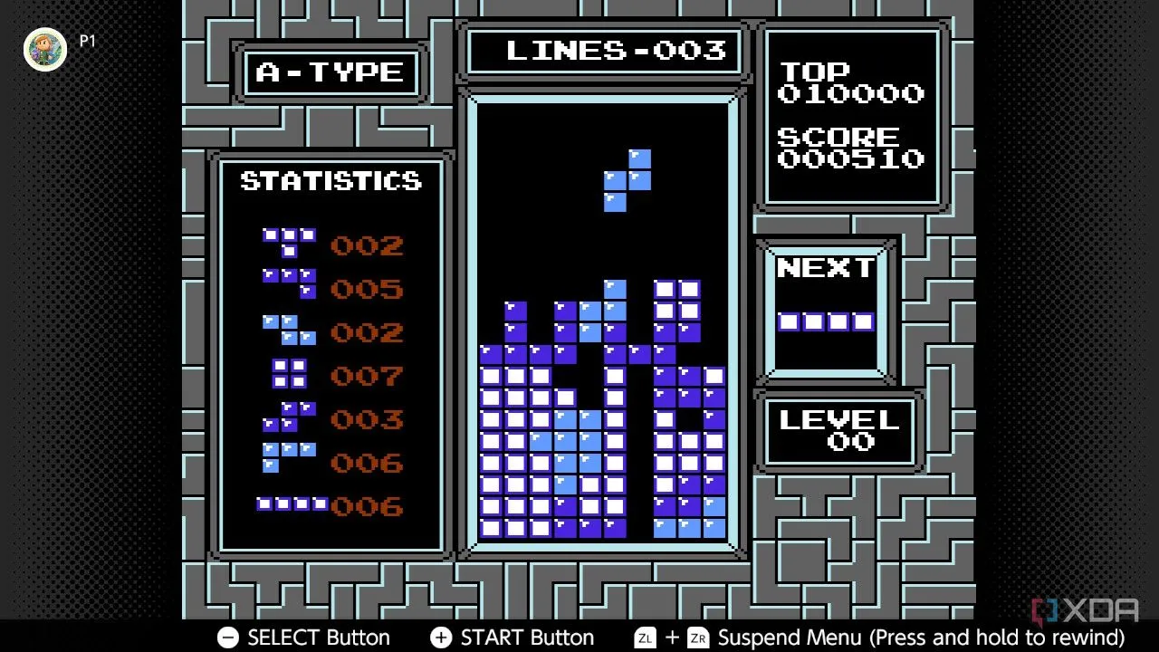 Màn hình chơi game Tetris trên NES hiển thị các khối đang rơi