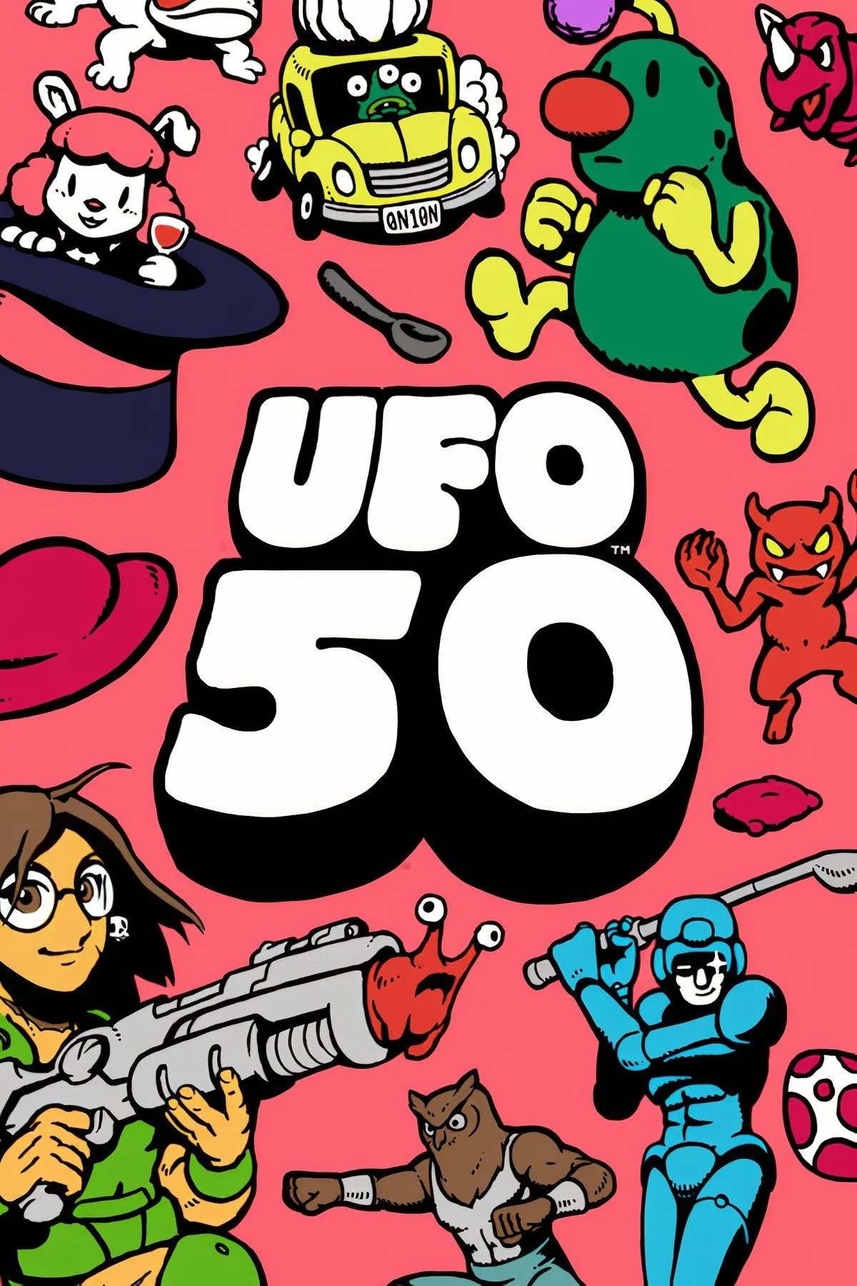 Màn hình chọn trò chơi trong UFO 50, hiển thị nhiều tựa game 8-bit khác nhau