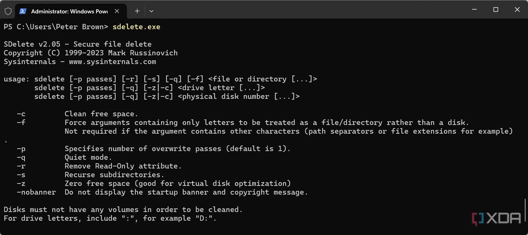 Màn hình Command Prompt hiển thị hướng dẫn sử dụng lệnh sdelete để xóa dữ liệu an toàn