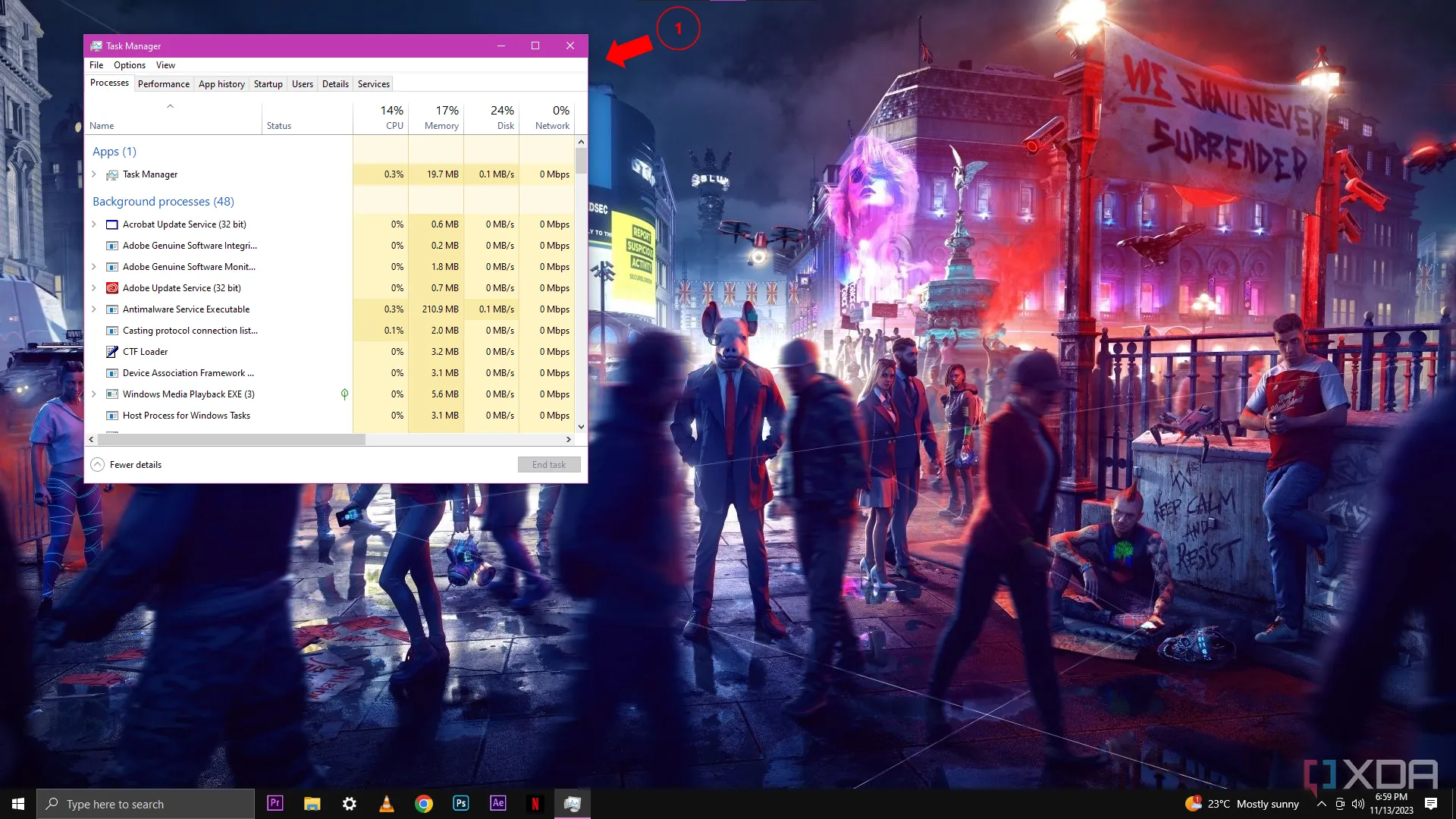 Màn hình desktop Windows 10 hiển thị Task Manager (Trình quản lý tác vụ) với tab Processes (Tiến trình) đang mở, minh họa cách tắt ứng dụng nền để tối ưu tài nguyên cho game
