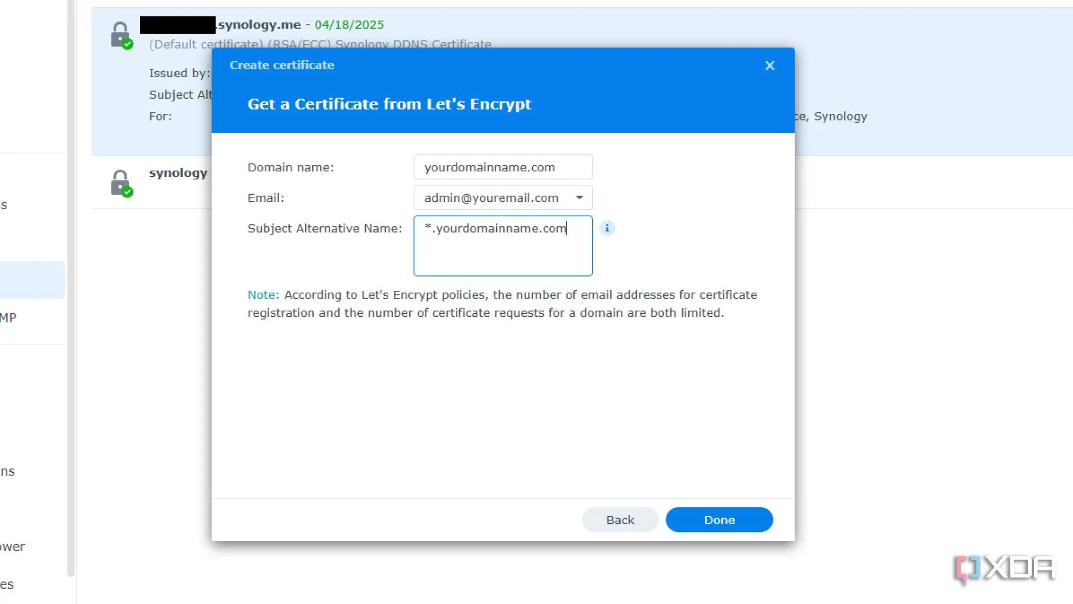 Màn hình điền thông tin để tạo chứng chỉ SSL Wildcard từ Let's Encrypt trên Synology NAS, bao gồm hostname với dấu sao