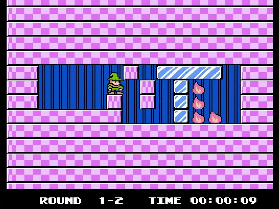 Màn hình game giải đố Fire 'n Ice (Solomon's Key 2) trên NES, điều khiển khối băng để dập lửa