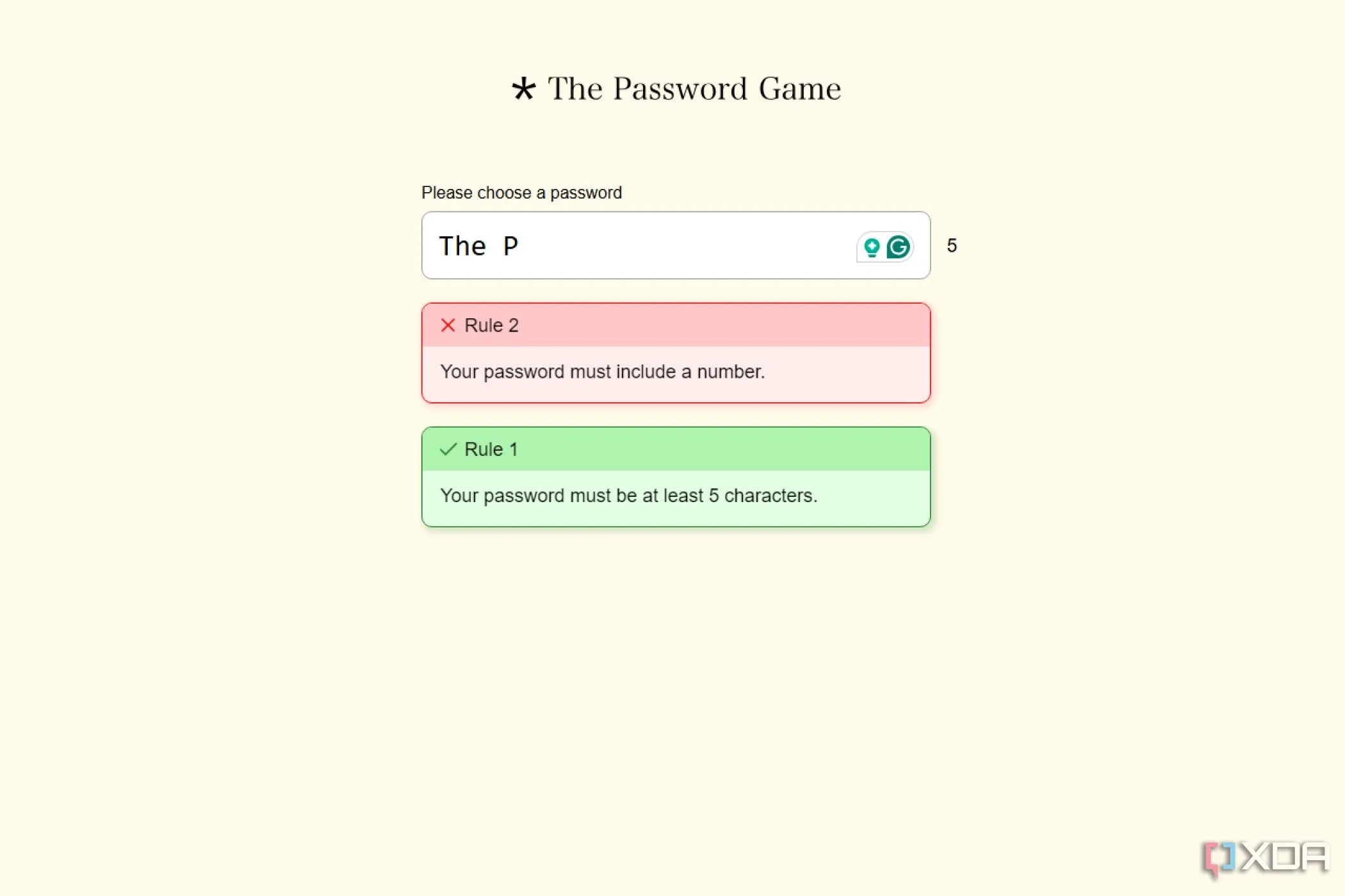 Màn hình game The Password Game hiển thị danh sách các yêu cầu mật khẩu phức tạp