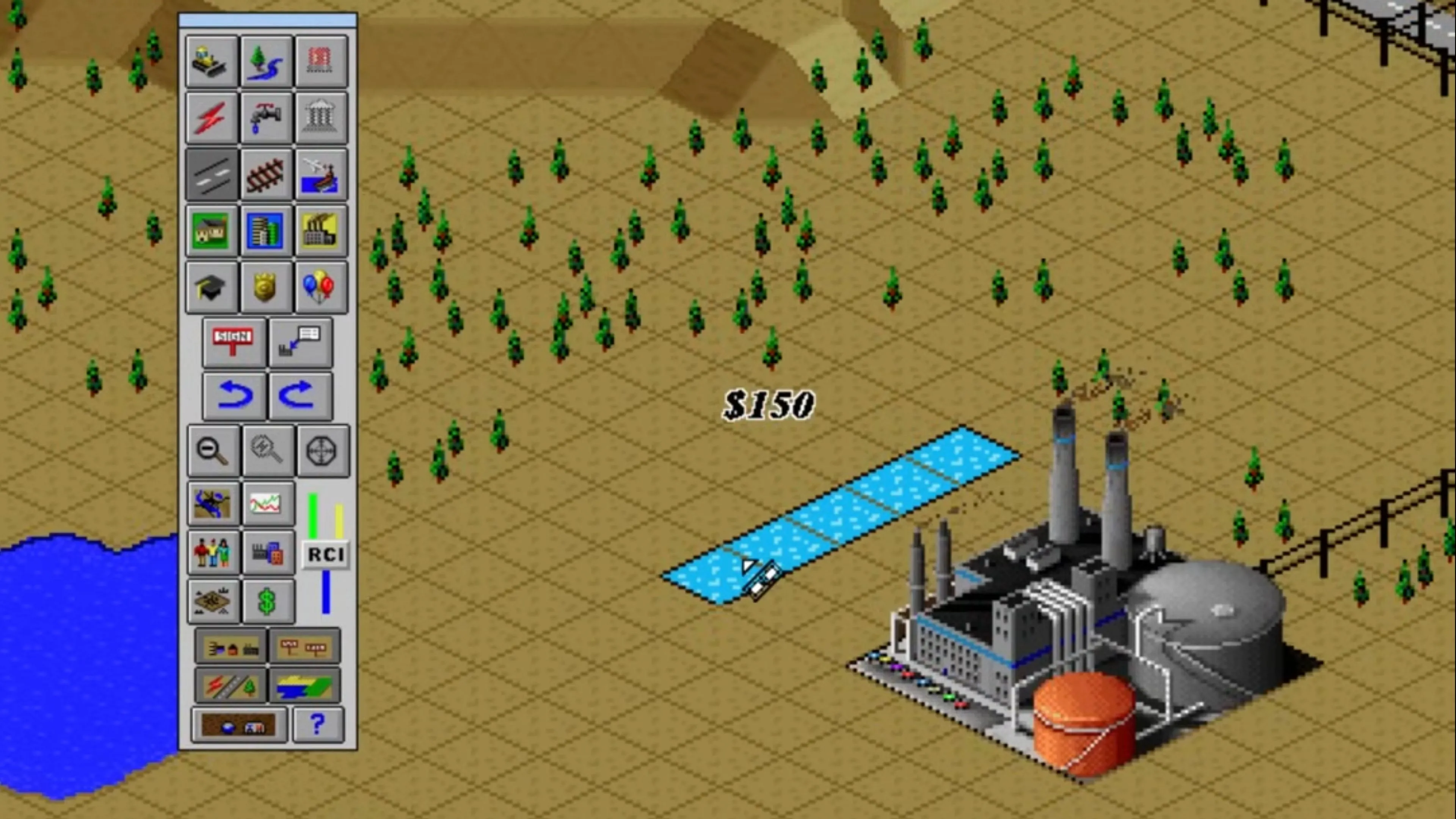 Màn hình gameplay của Sim City 2000, hiển thị thành phố được xây dựng với các công trình và cơ sở hạ tầng