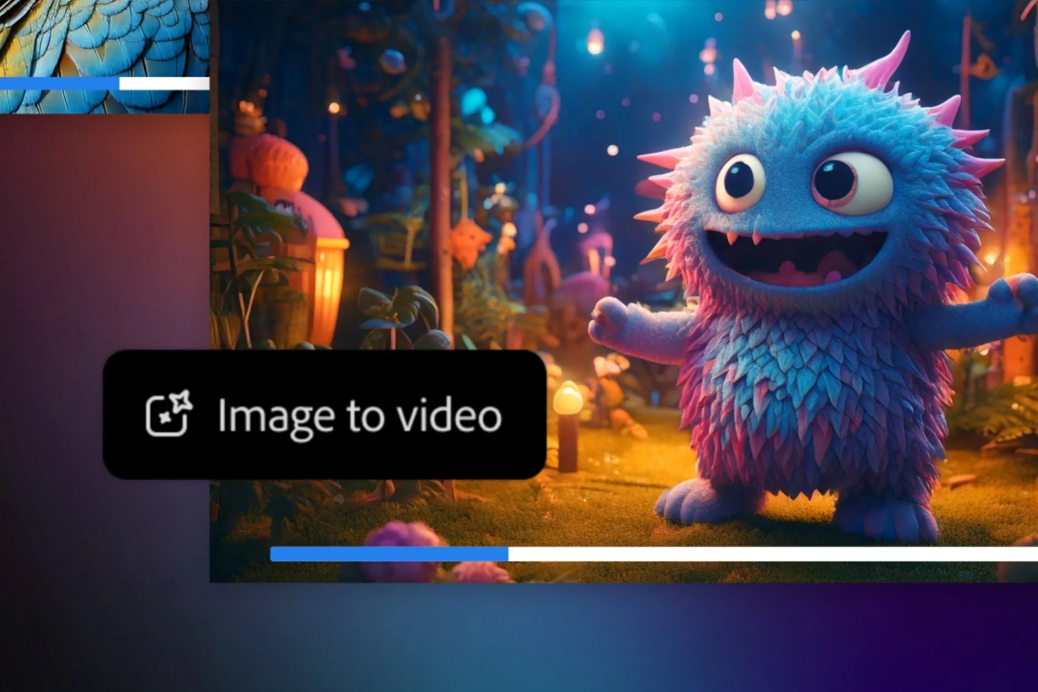 Màn hình giao diện Adobe Firefly với video người ngoài hành tinh nhảy múa, thể hiện khả năng kiểm soát chuyển động camera như zoom, pan
