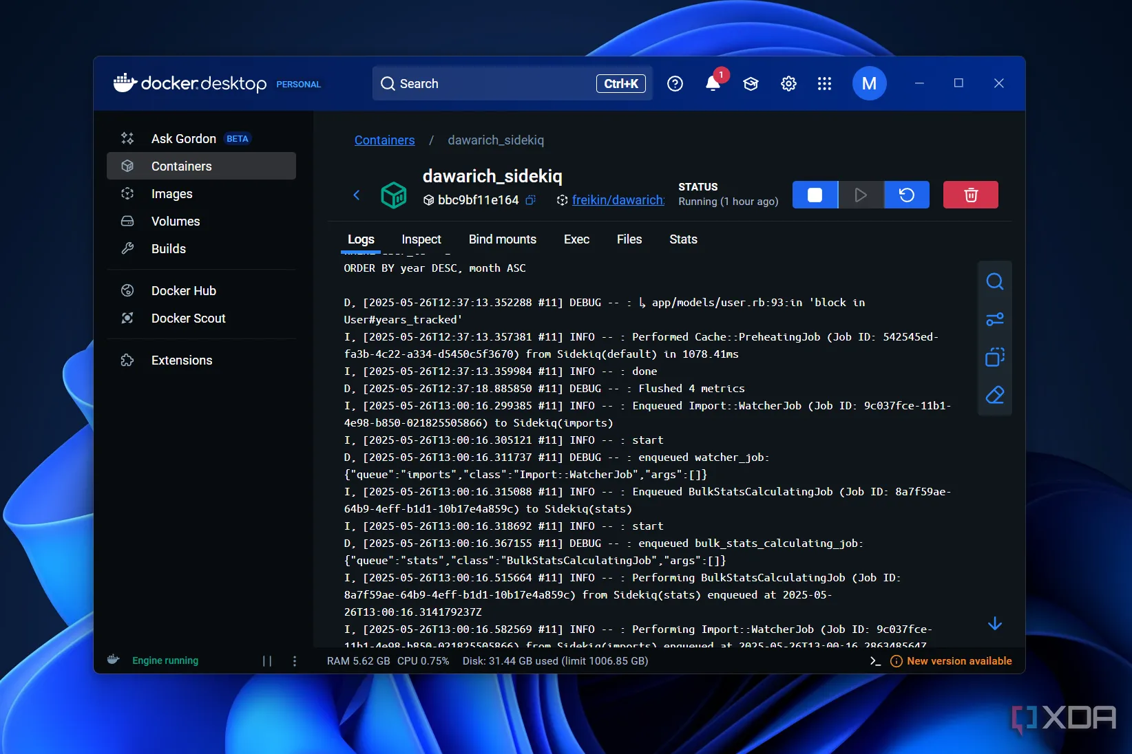 Màn hình hiển thị nhật ký lỗi của một container Docker