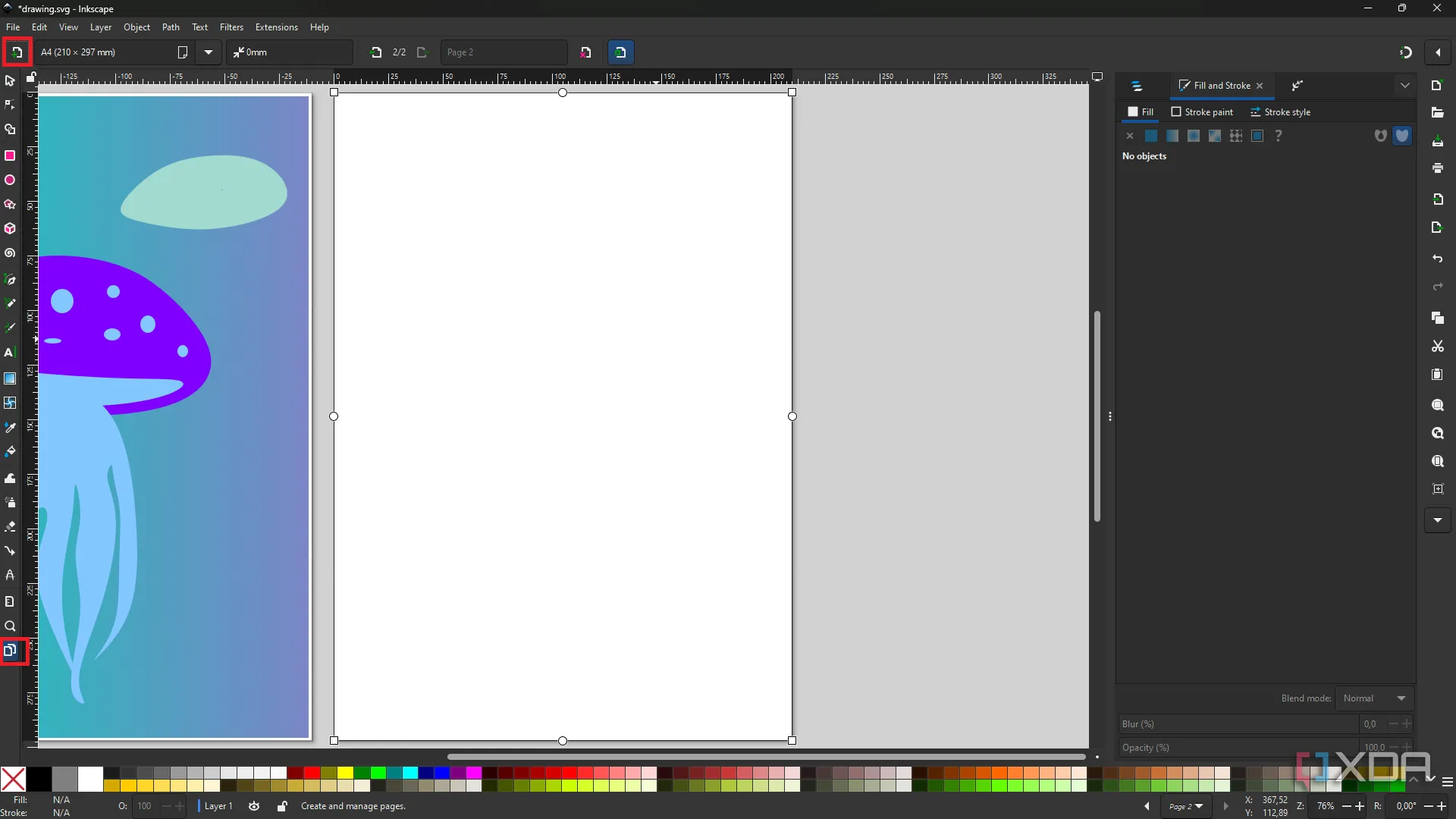 Màn hình Inkscape hiển thị tính năng hỗ trợ đa trang, với các trang được đánh số và tùy chọn thêm/xóa trang.