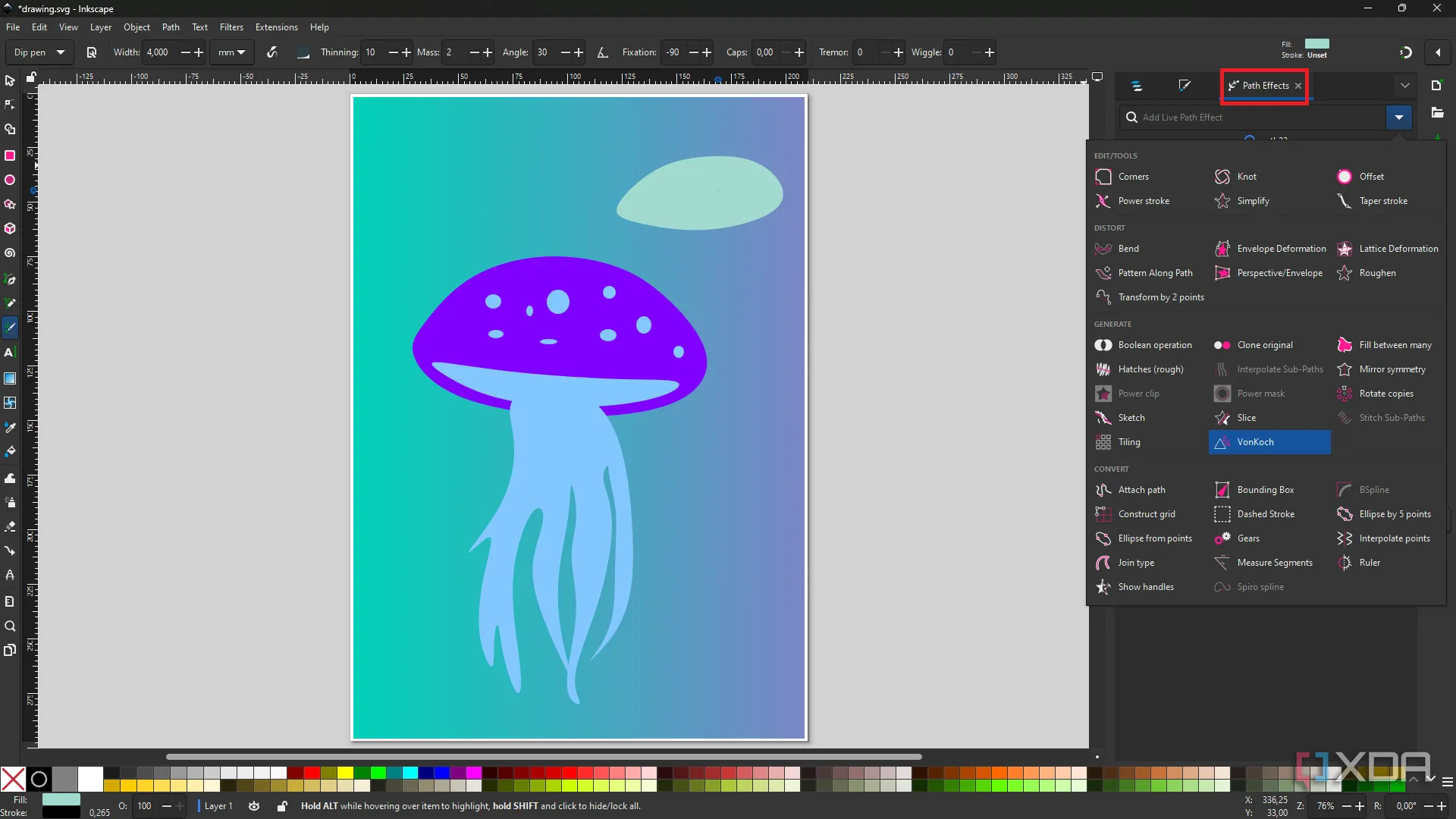 Màn hình Inkscape minh họa công cụ Live Path Effects (LPEs) với một thiết kế hình sứa đang được chỉnh sửa không phá hủy.