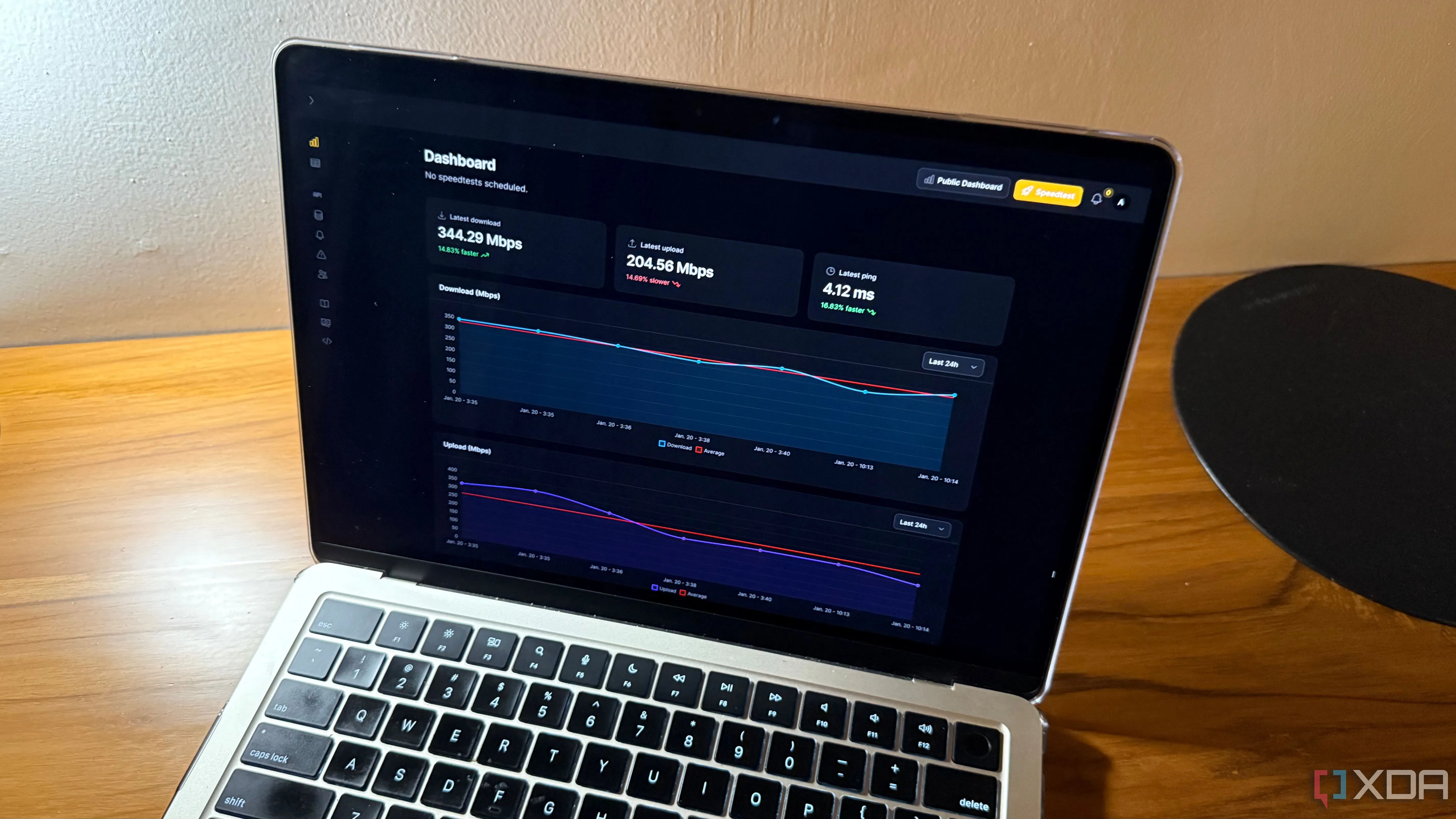 Màn hình máy tính Mac hiển thị giao diện kết quả Speedtest Tracker với biểu đồ và chi tiết hiệu suất mạng