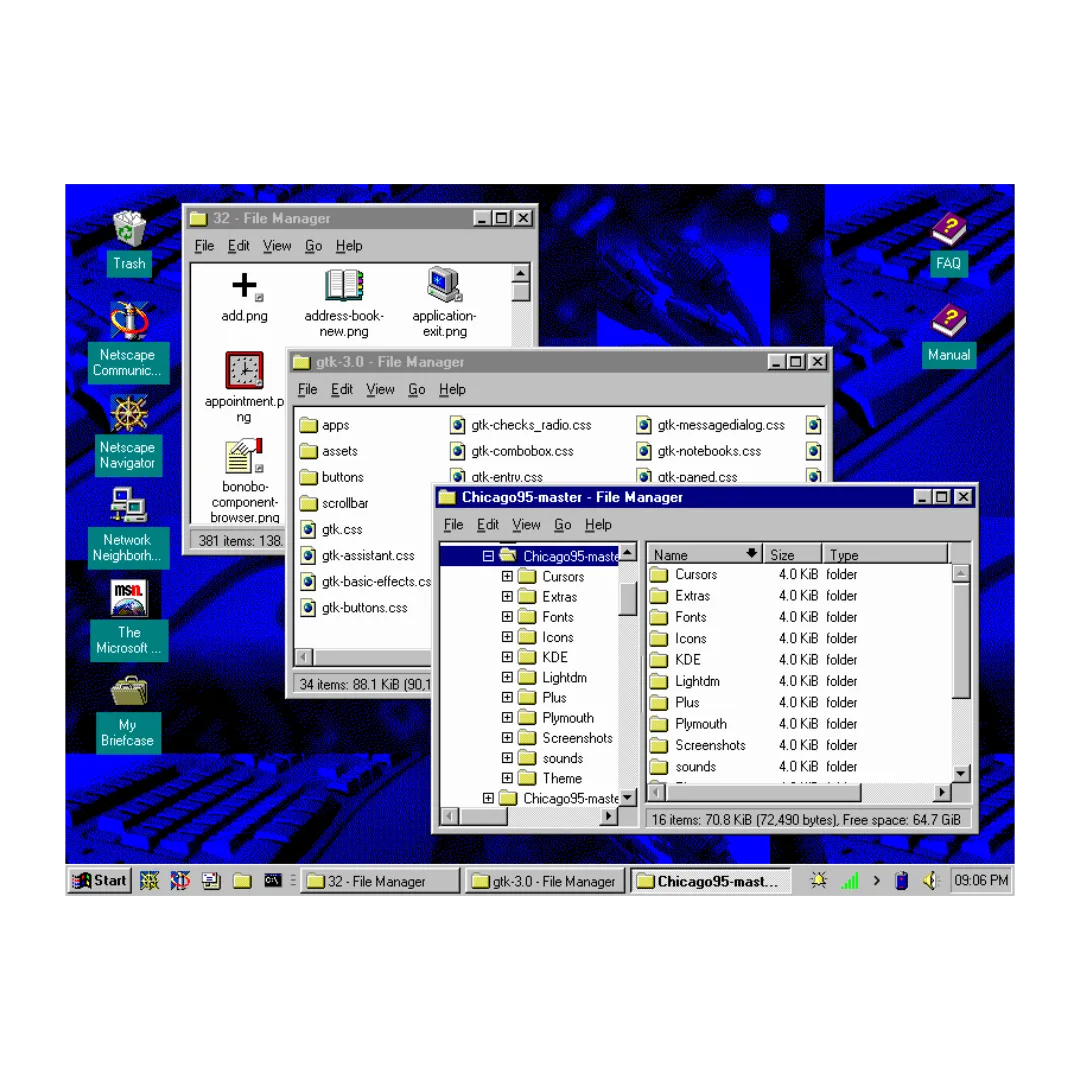 Màn hình máy tính với giao diện Chicago95, mô phỏng Windows 95 trên nền Linux
