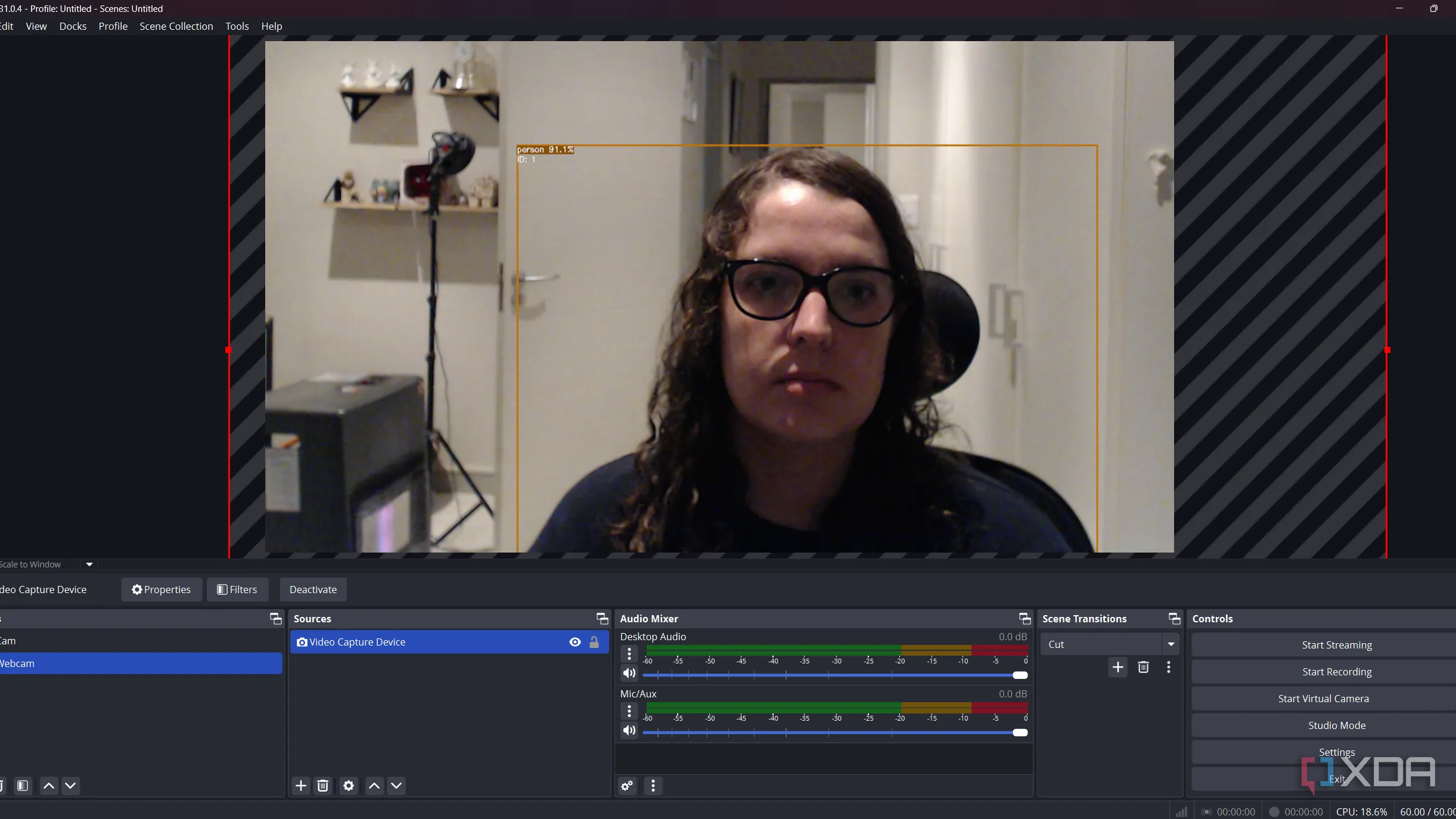 Màn hình OBS Studio với plugin OBS Detect đang theo dõi khuôn mặt người, thể hiện tính năng nhận diện và bám sát đối tượng của webcam.