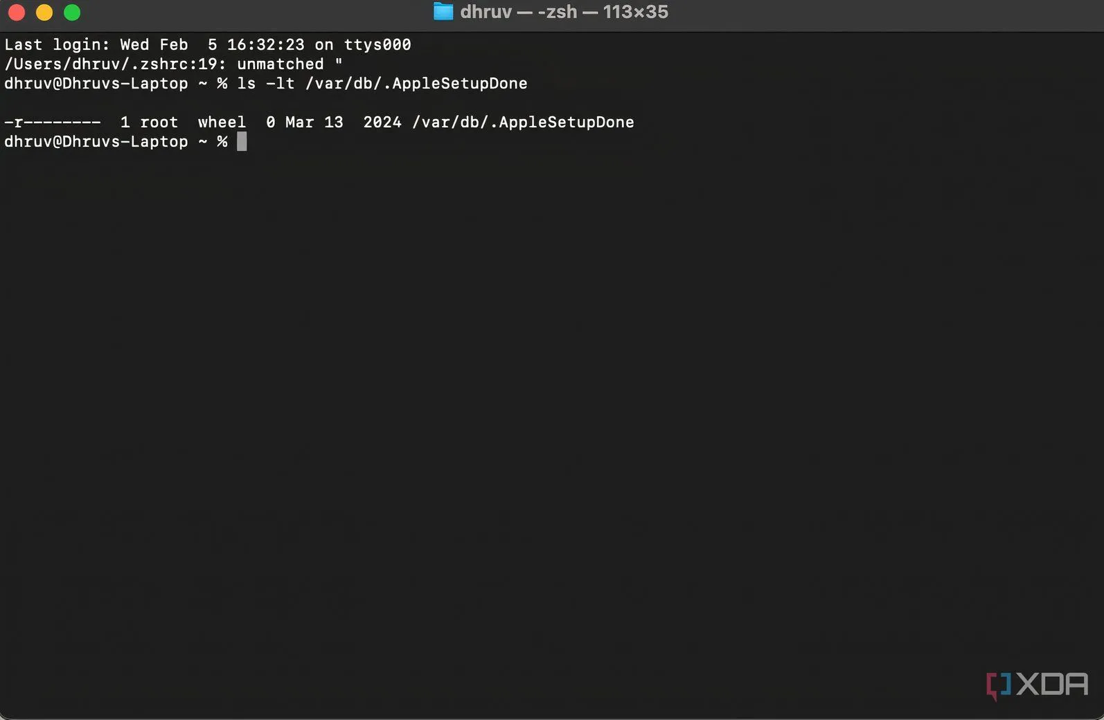 Màn hình Terminal trên macOS hiển thị kết quả lệnh kiểm tra ngày cài đặt hệ điều hành, cung cấp thông tin về thời gian ổ cứng đã được sử dụng.