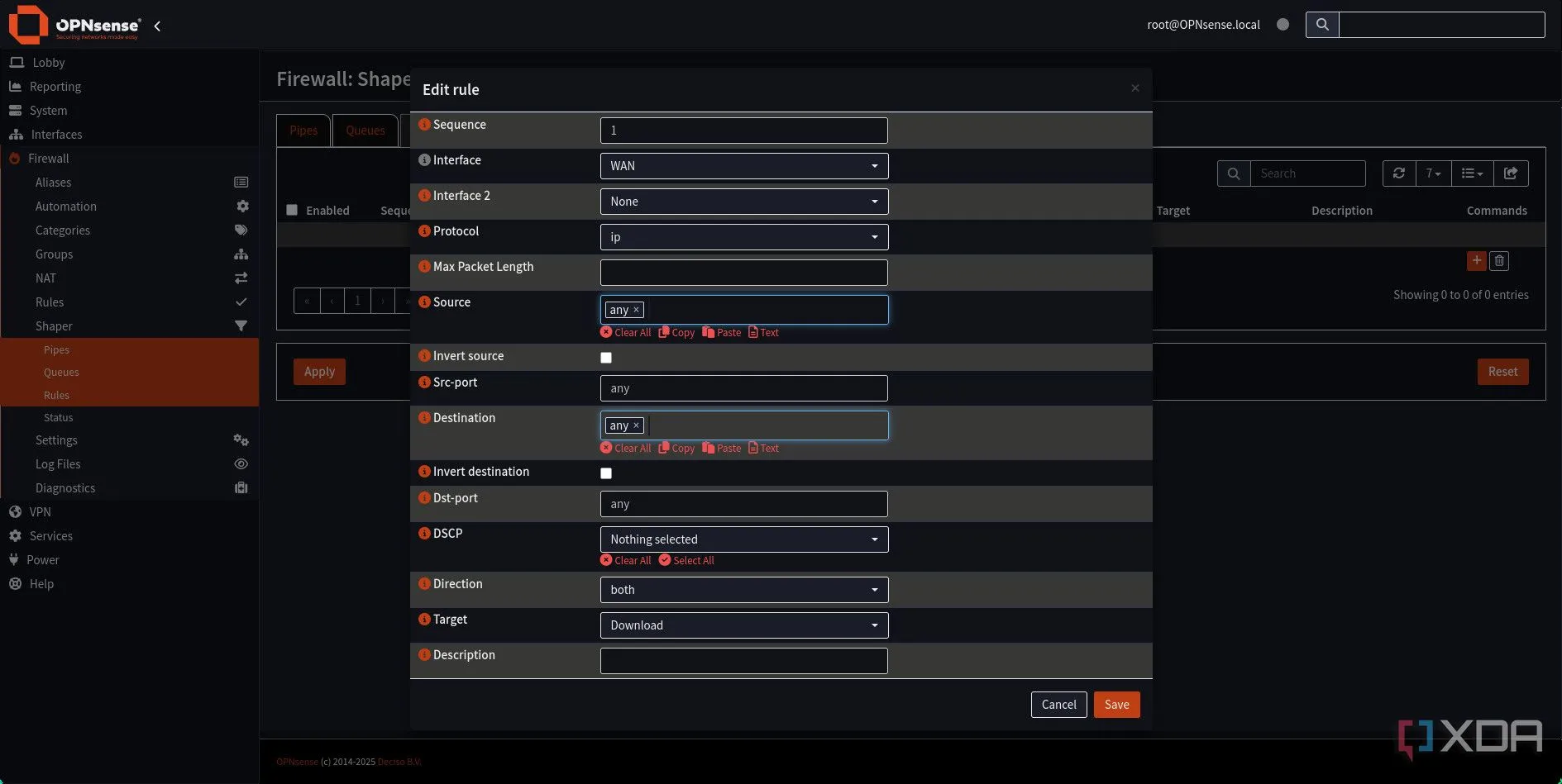 Màn hình thêm Rule (Quy tắc) mới cho Traffic Shaping trong OPNsense, gán vào Download Queue