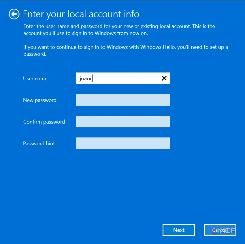 Màn hình thiết lập thông tin tài khoản cục bộ trên Windows 11